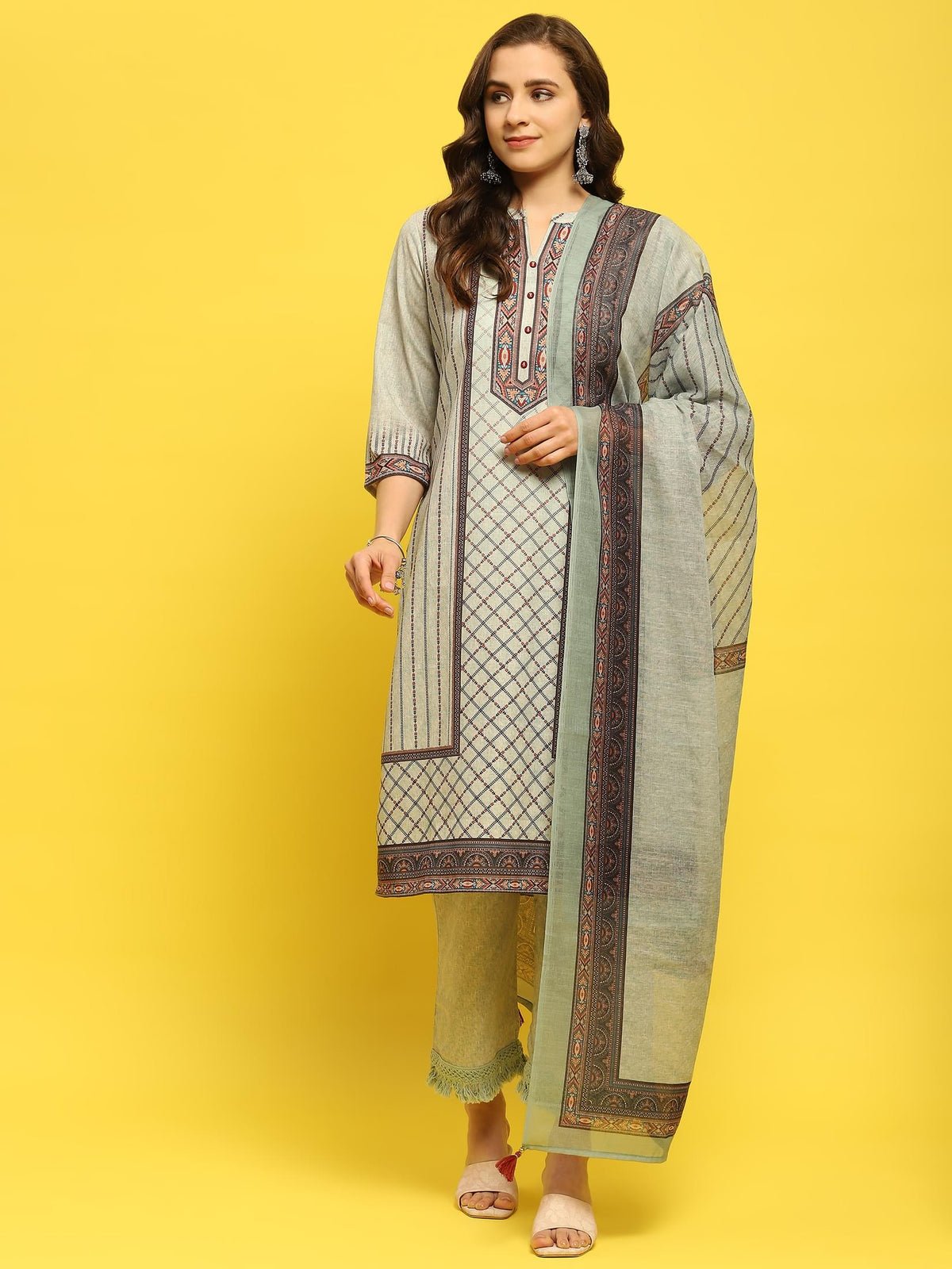 Women Liva Green Printed Kurta Comfort Pant Dupatta