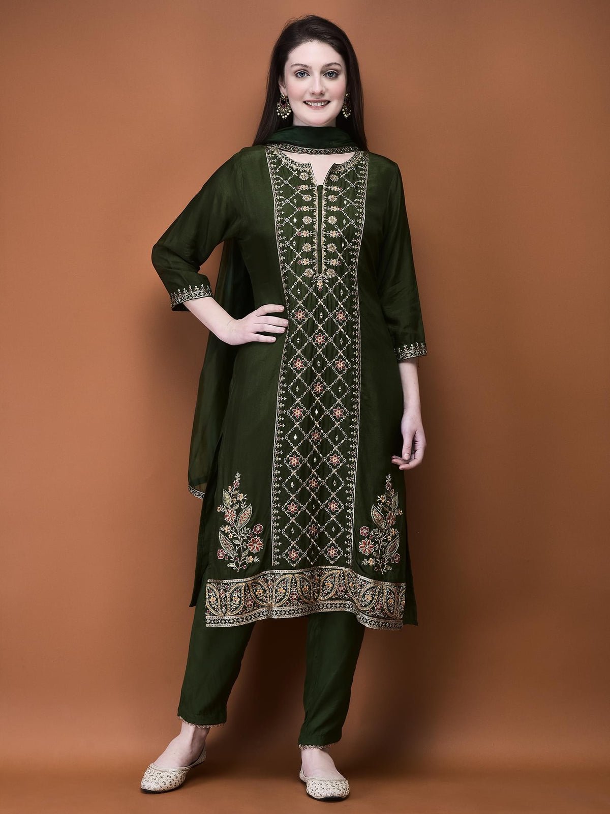 Women Muslin Olive Embroidered Kurta Comfort Pant Dupatta
