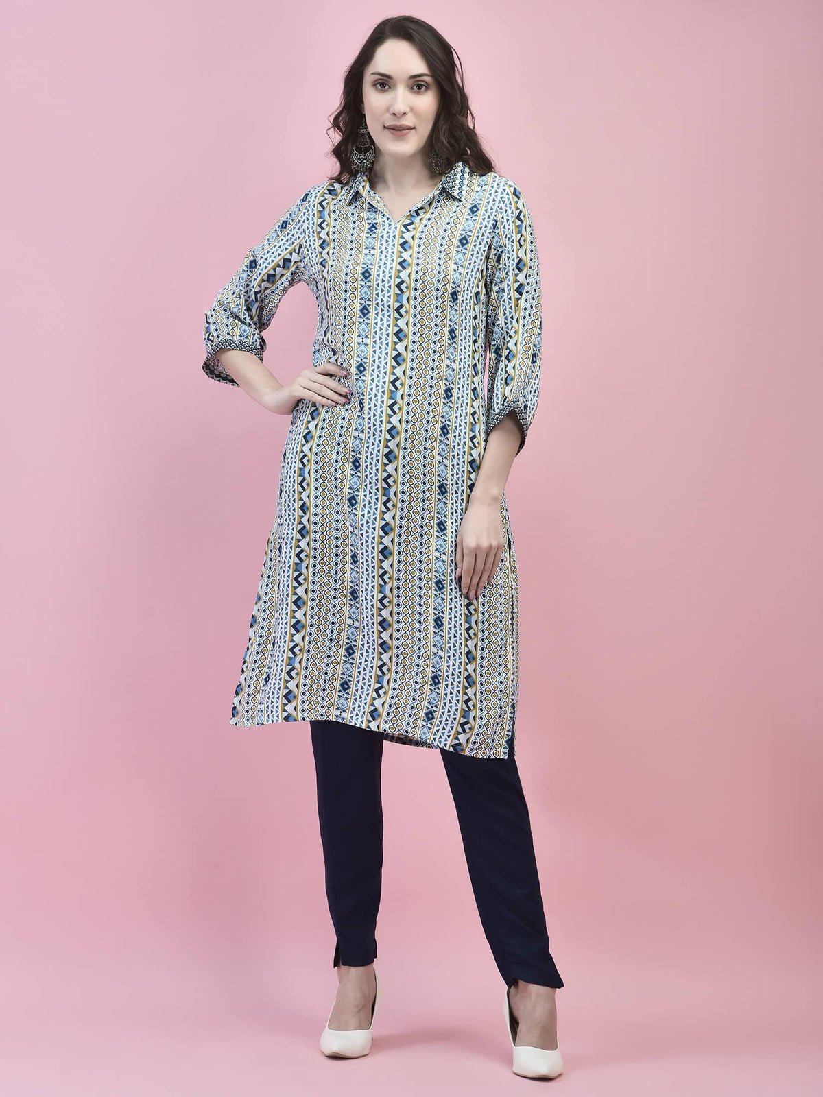 Women Liva Rayon White Geometric Print Kurta