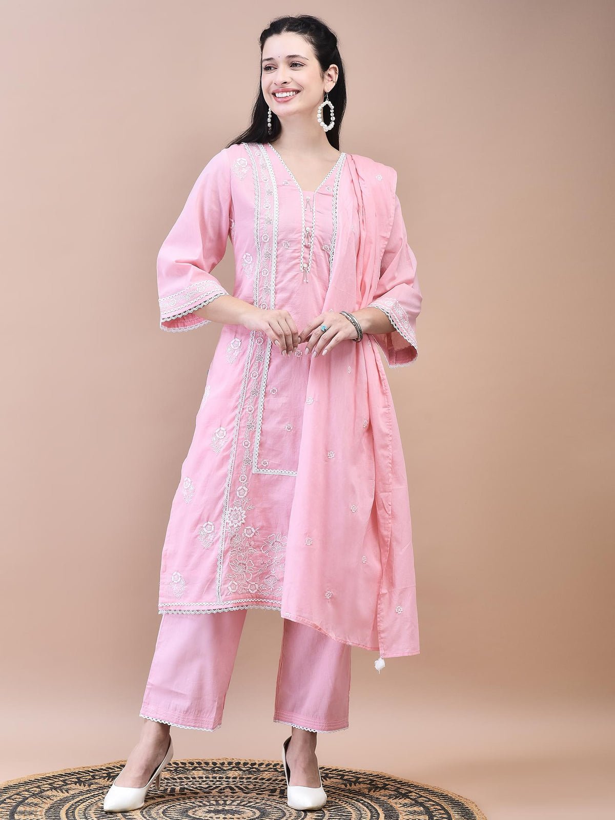 Women Cotton Pink Embroidered Kurta Comfort Pant Dupatta