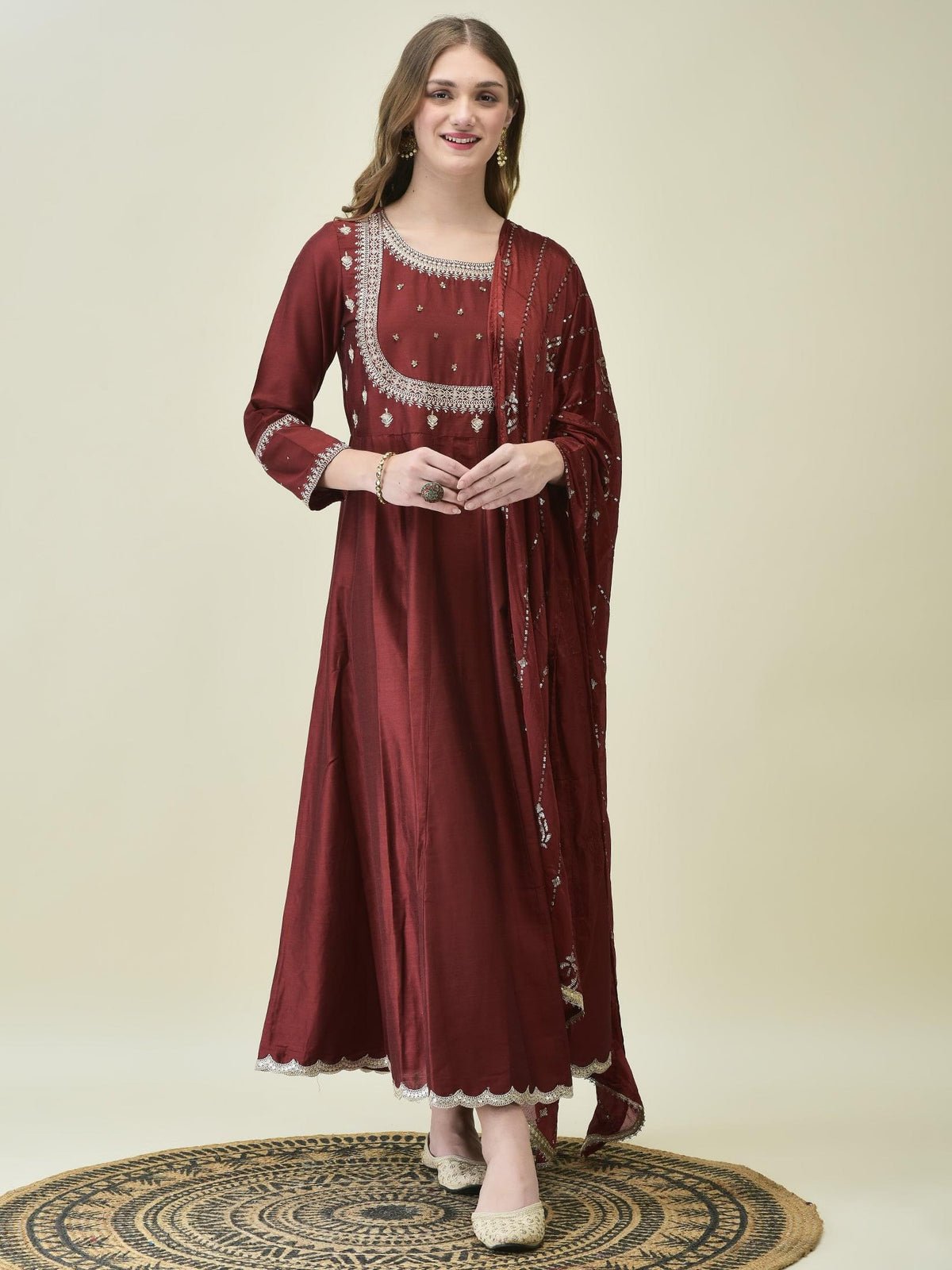 Women Silk Blend Maroon Embroidered Dress With Dupatta