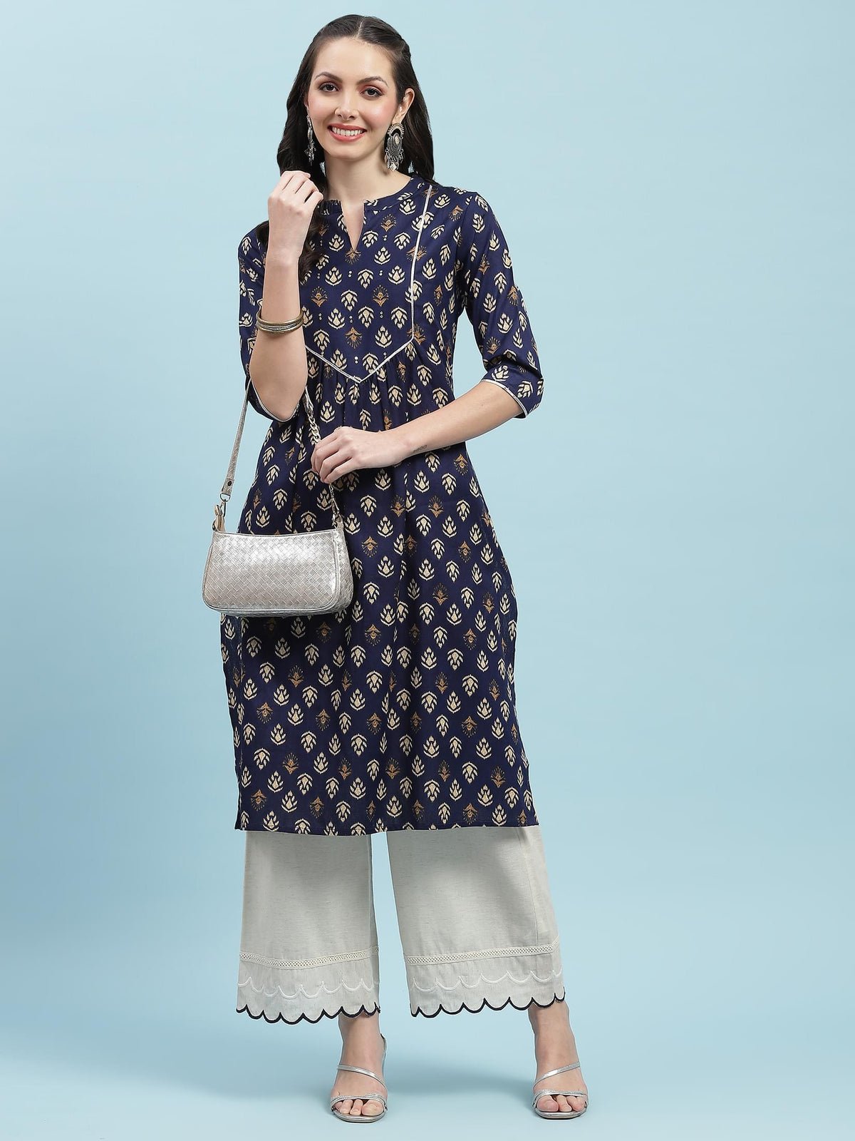 Navy Blue Floral Cotton Kurta
