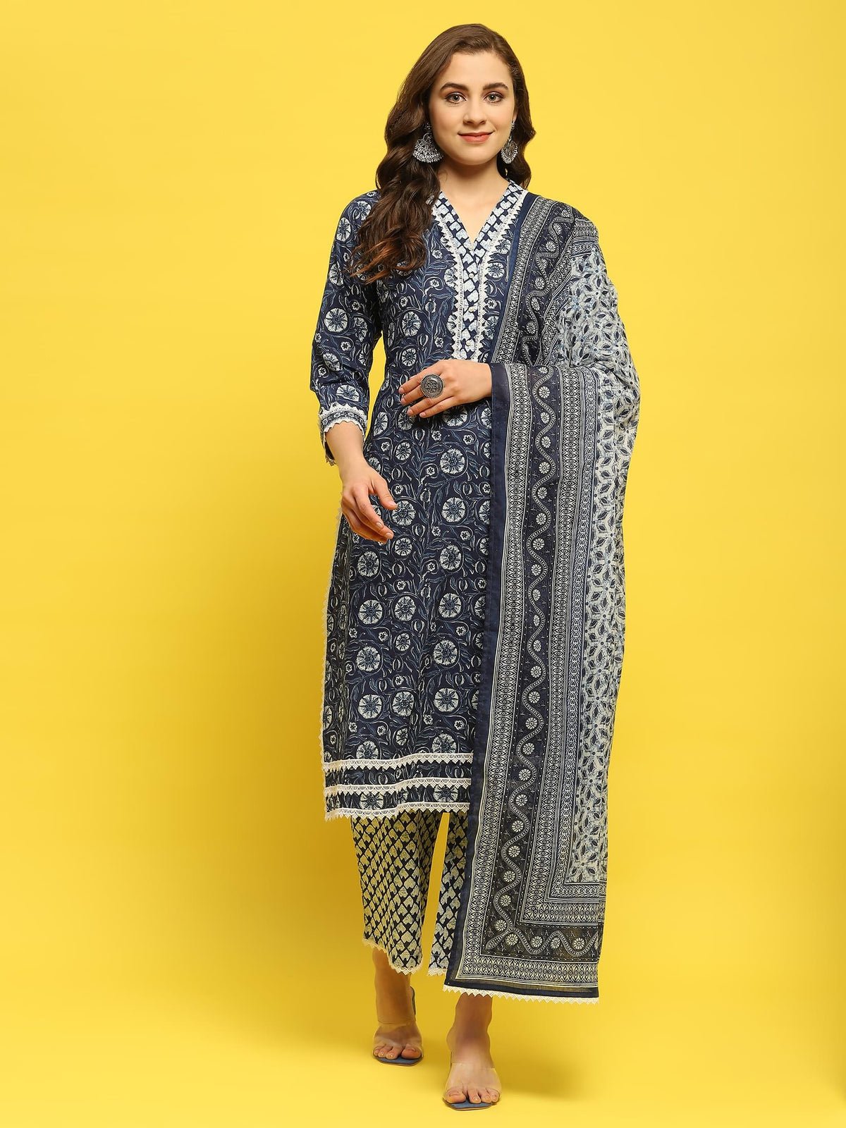 Women Cotton Indigo Floral Print Kurta Trouser Dupatta