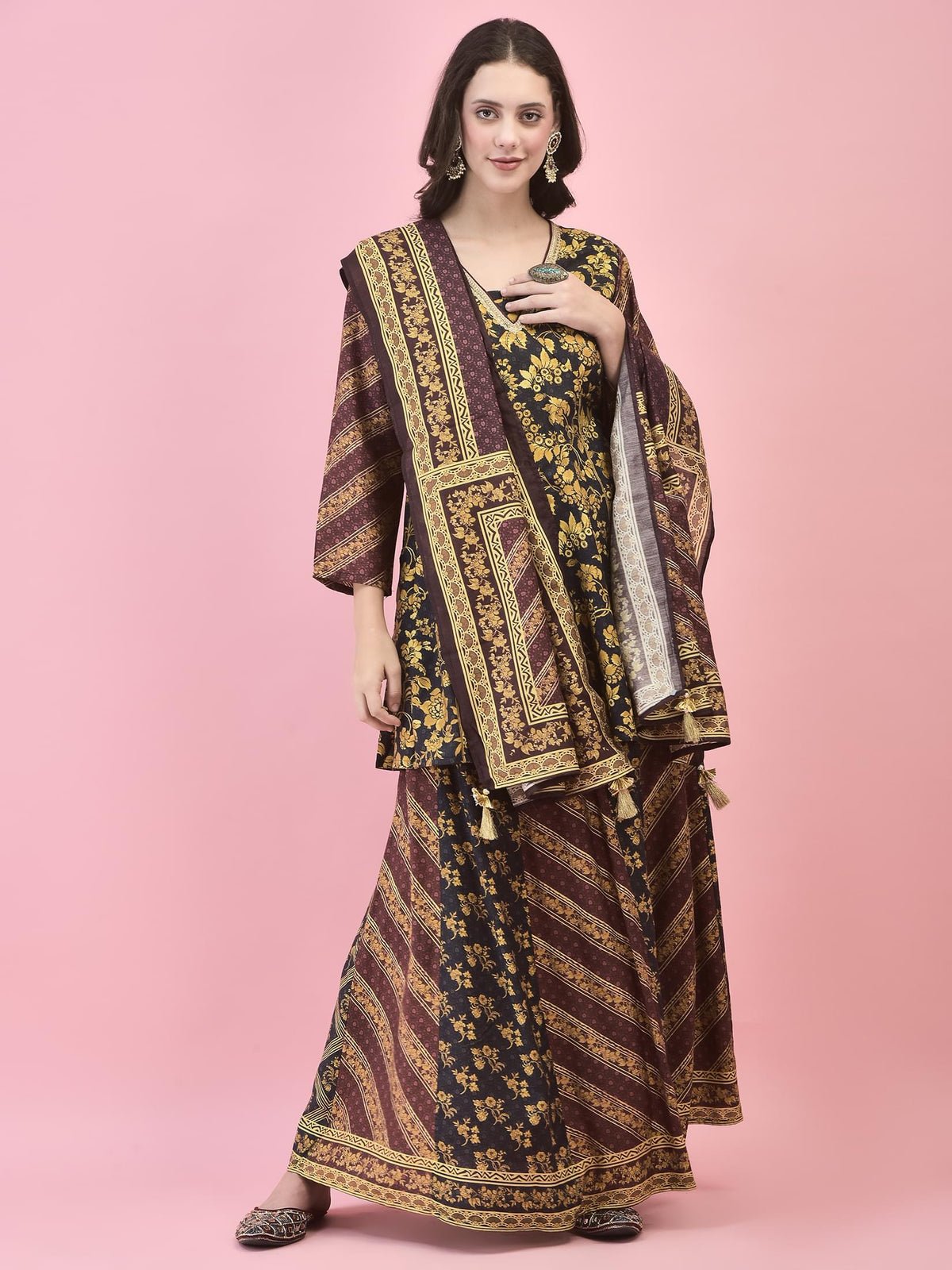 Women Chanderi Black Floral Print Kurti Skirt Dupatta