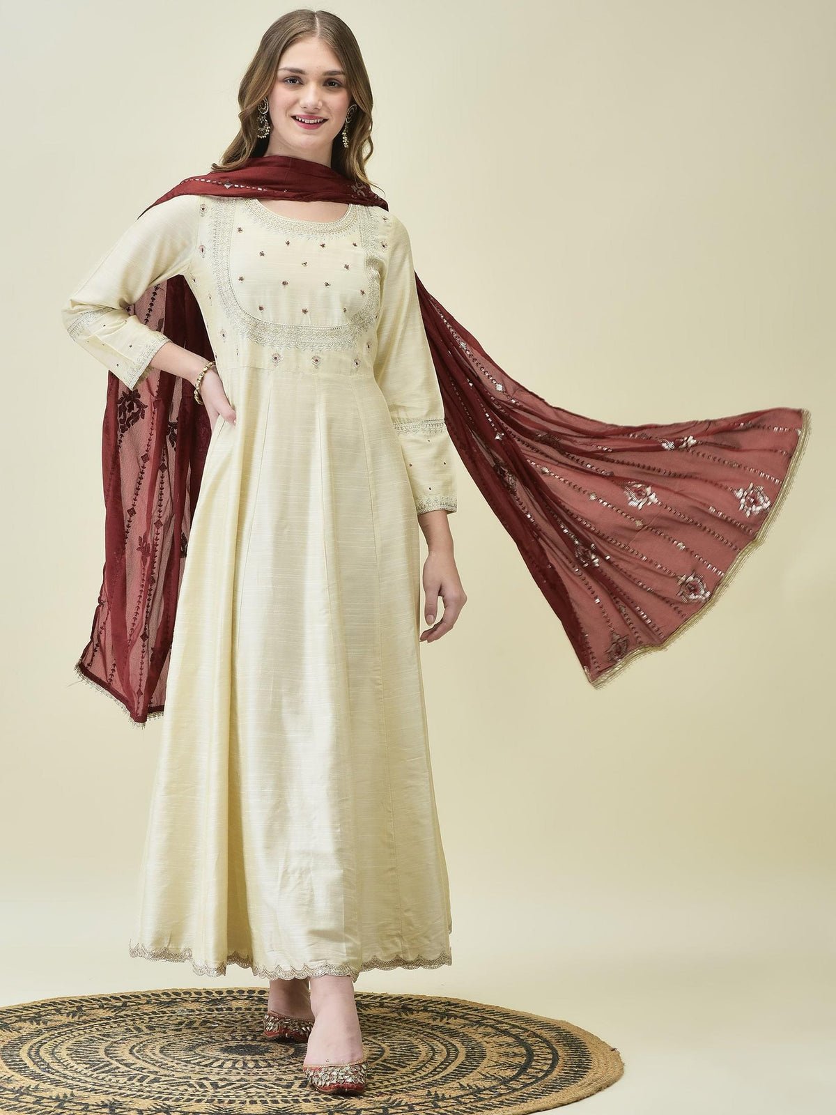 Women Silk Blend Beige Embroidered Dress With Dupatta
