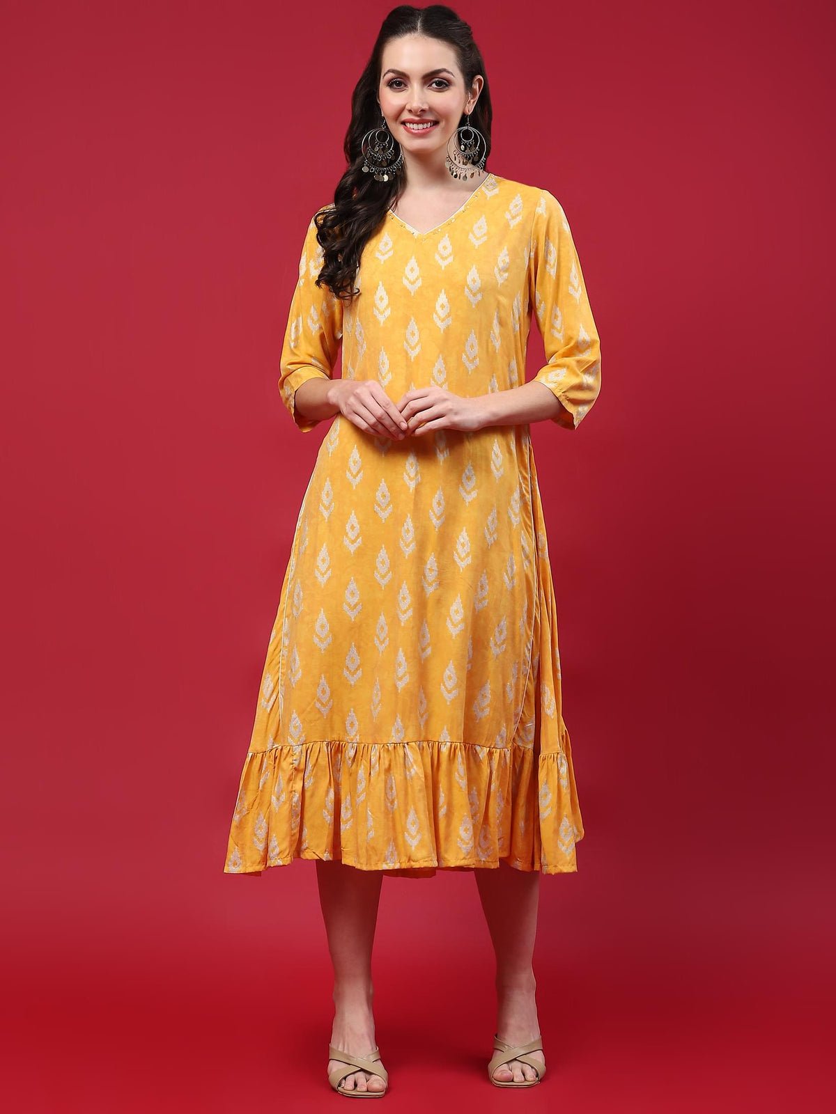 Women Yellow Ikat Printed Dress