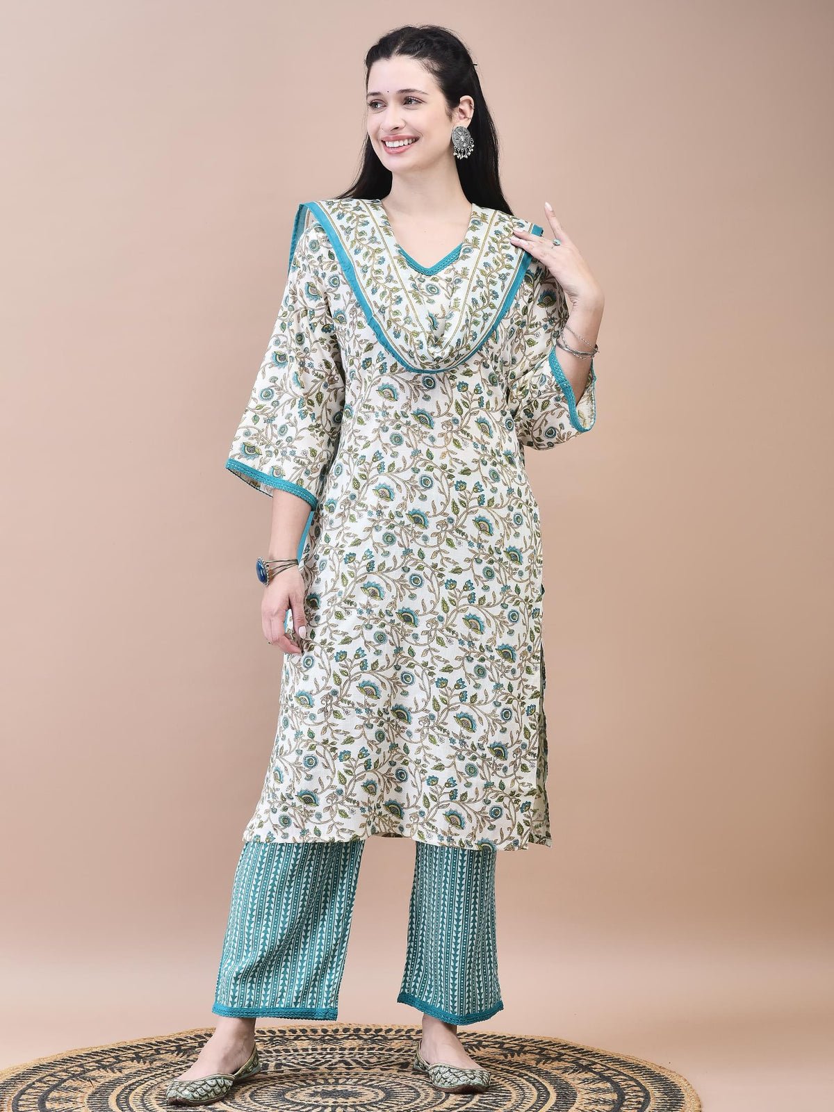 Women Cotton Off-White Teal Floral Print Kurta Comfort Pant Dupatta