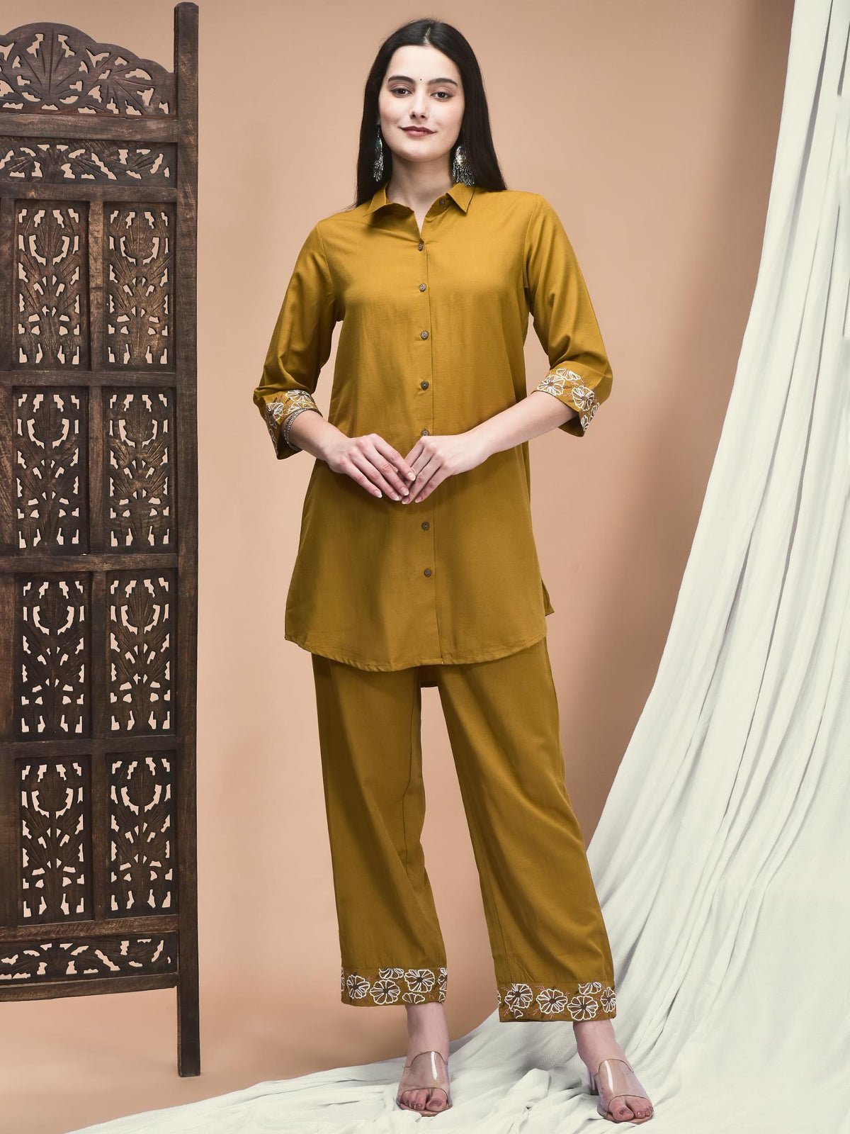 Women Poly Viscose Ochre Yellow Embroidered Co-Ord Set