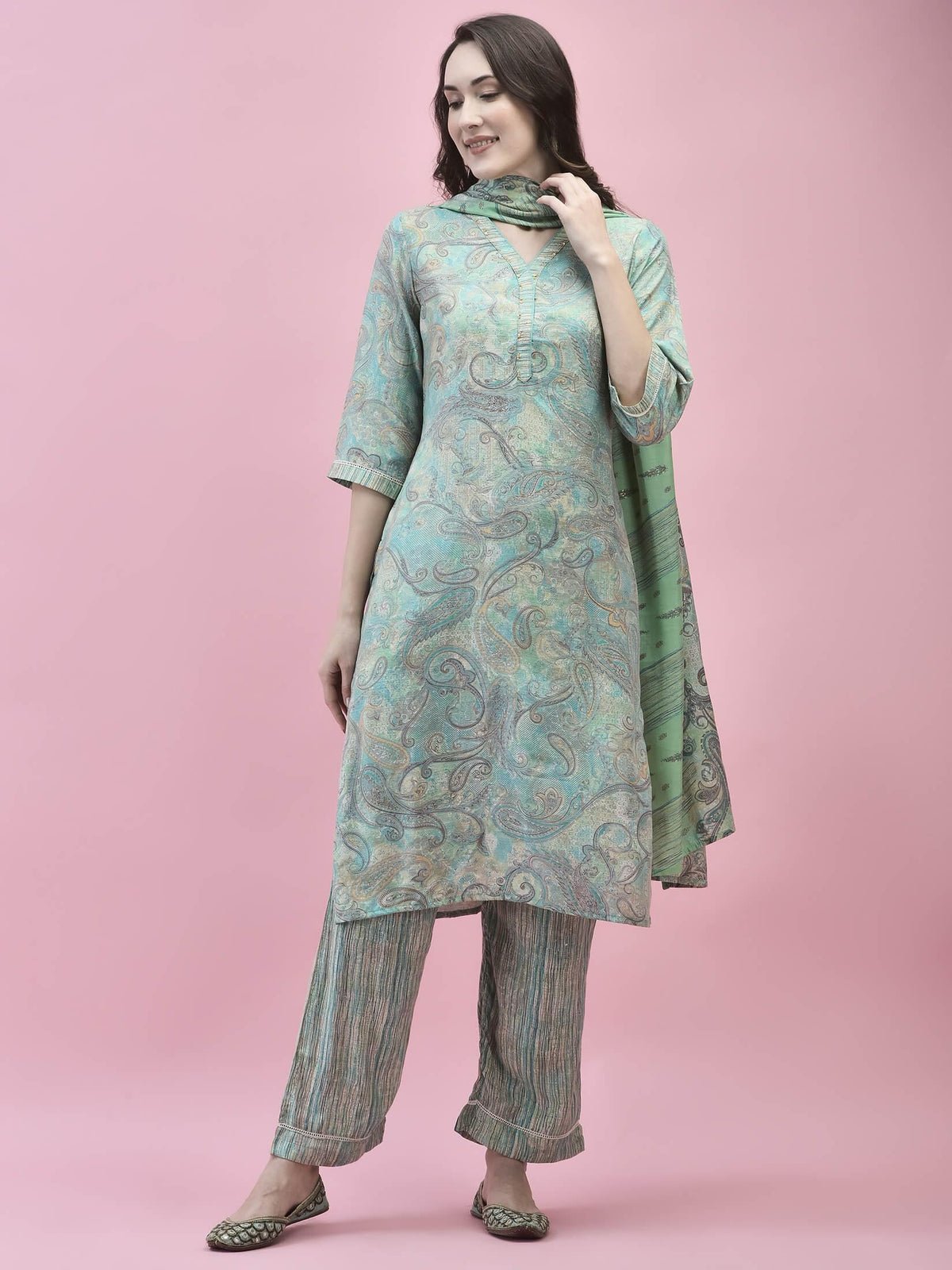 Women Poly Viscose Teal Paisley Kurta Comfort Pant Dupatta