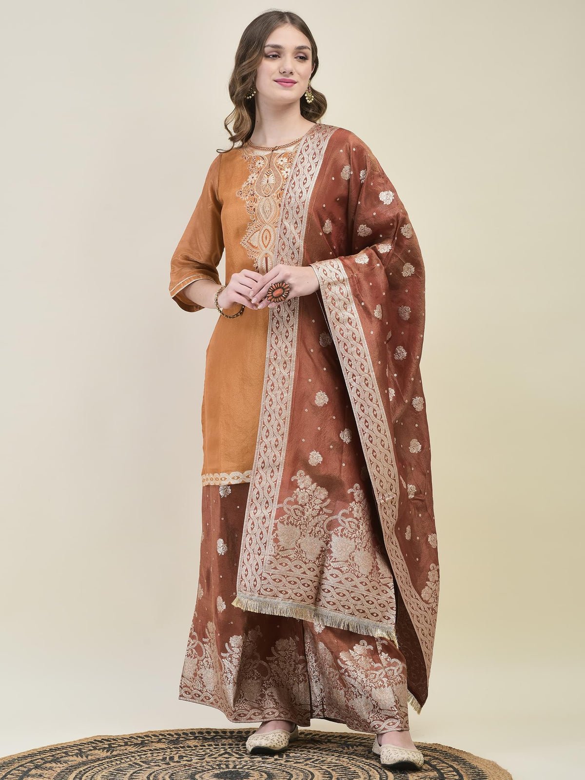 Women Dola Jacquard Rust Woven Kurta Wide Leg Pant Dupatta