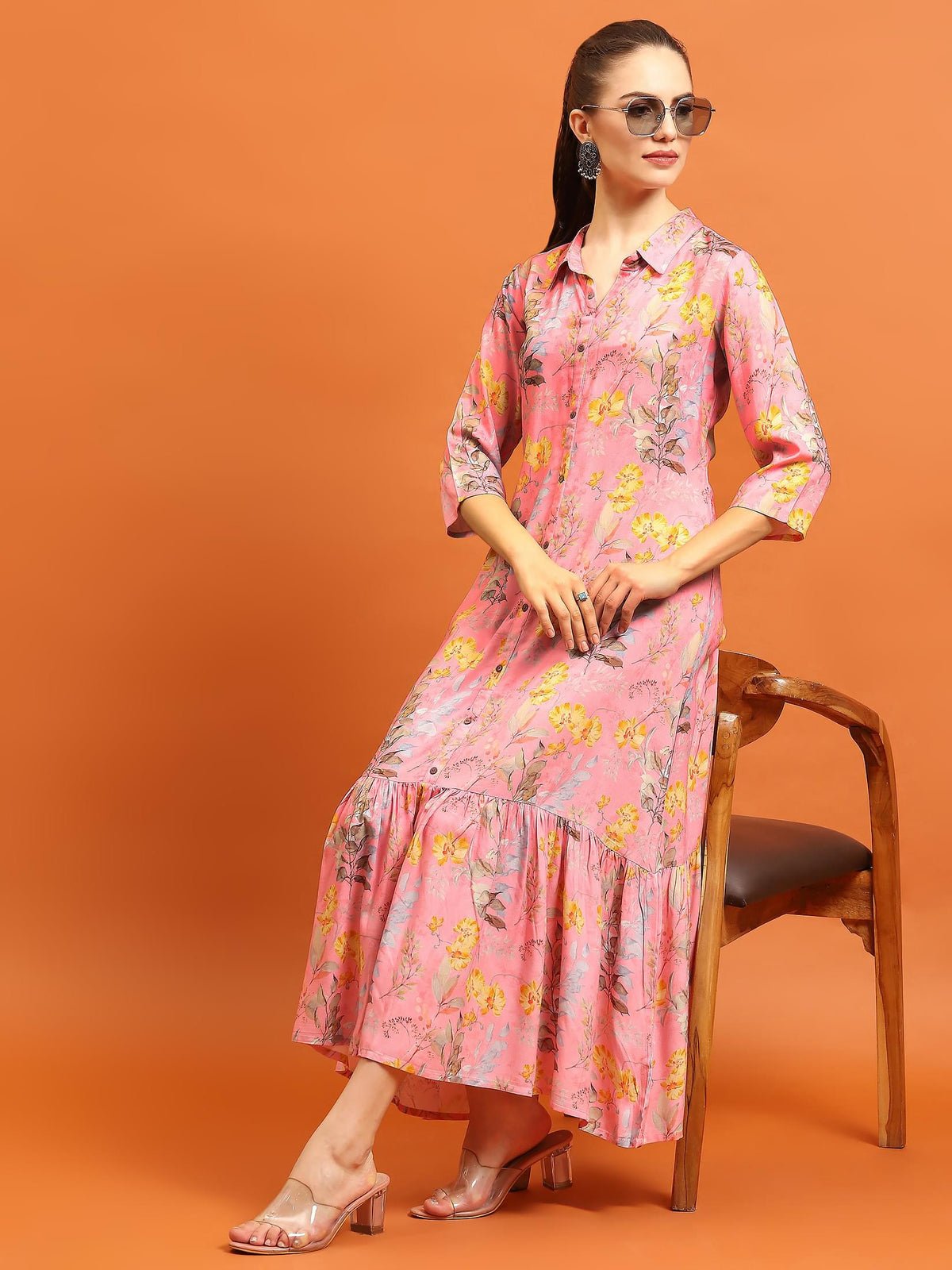 Women Pink Liva Rayon Floral Printed Dress