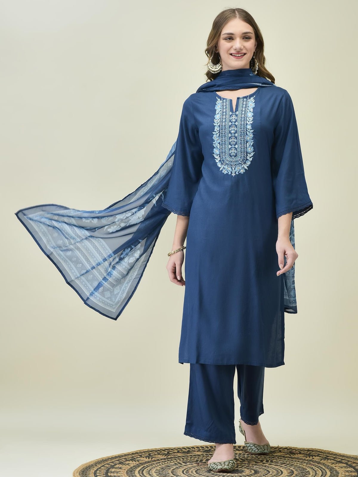 Women Liva Rayon Blue Embroidered Kurta Comfort Pant Dupatta