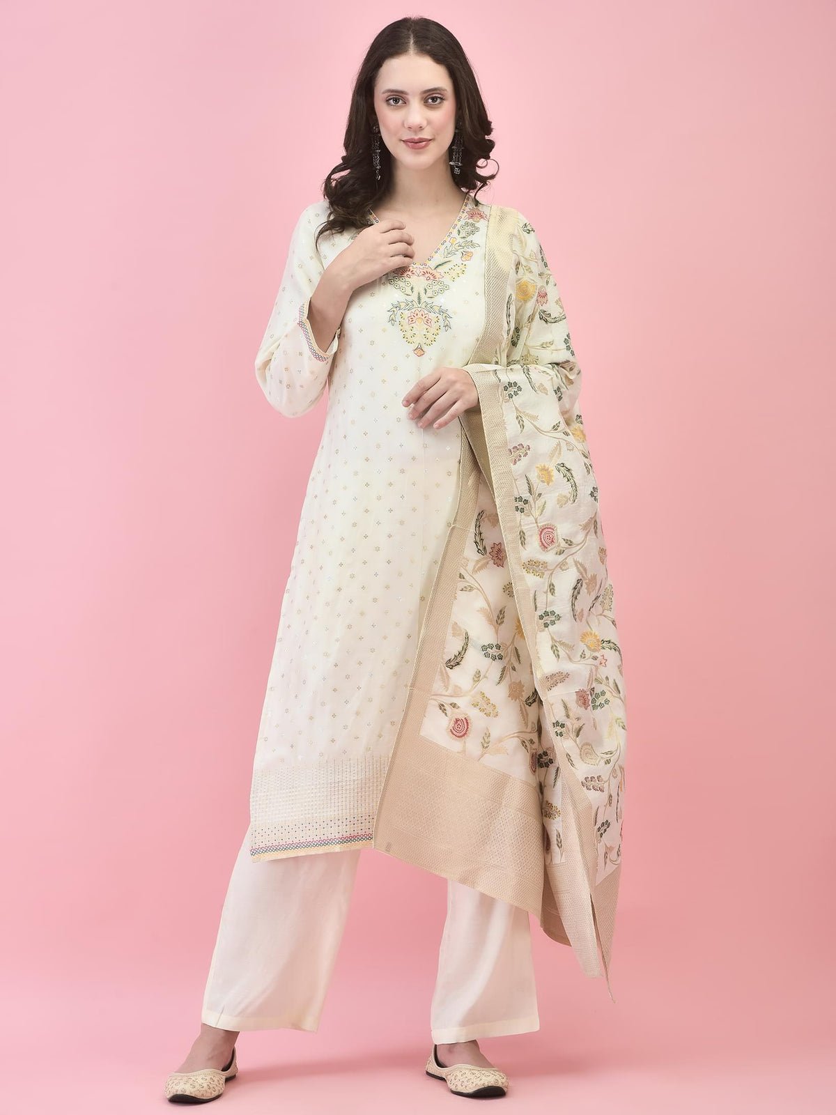 Women Jacquard Off White Woven Jacquard Kurta Comfort Pant Dupatta