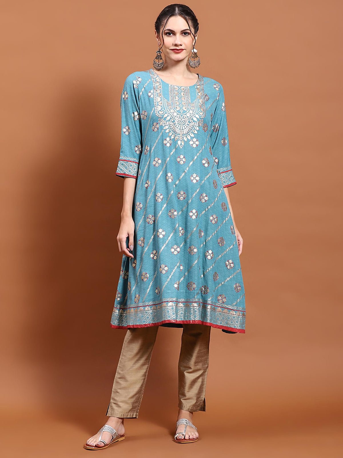 Women Teal Floral Print Kurta