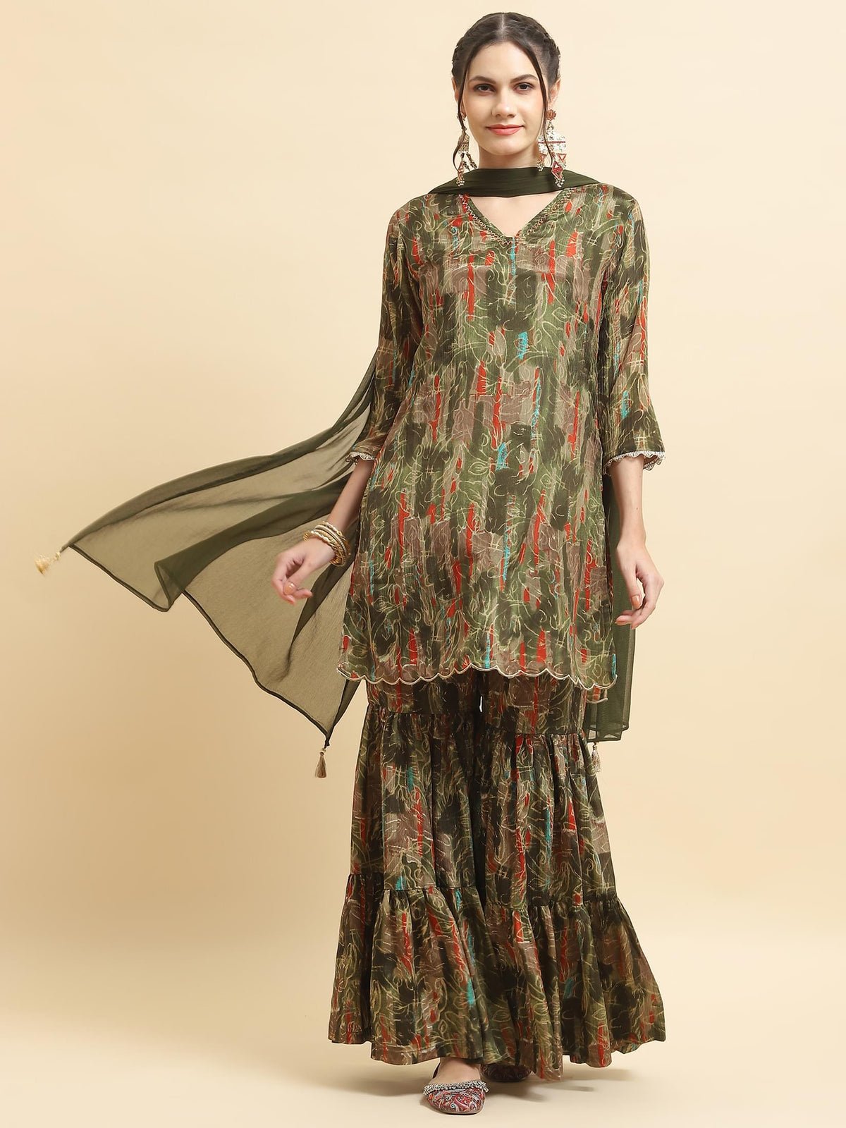 Women Chinon Olive Floral Kurta Sharara Dupatta