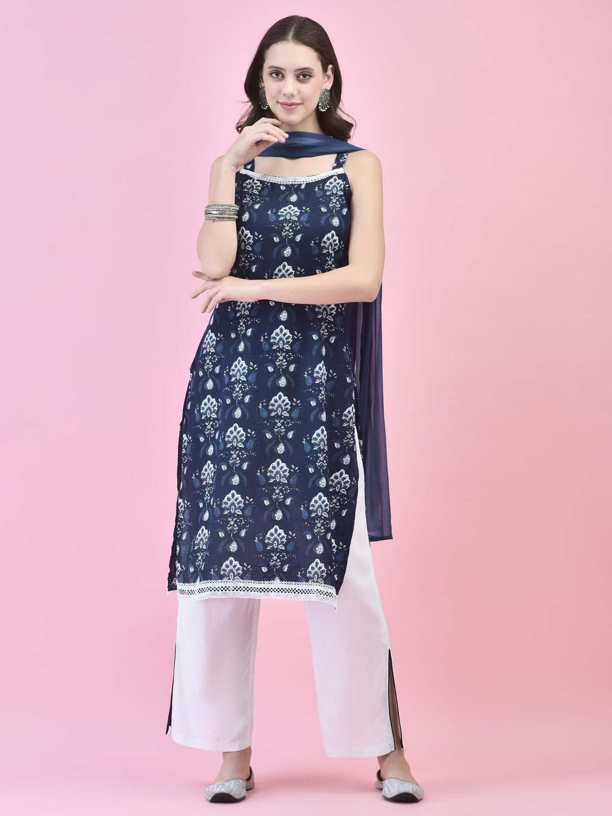 Women Cotton Indigo Floral Print Kurta Comfort Pant Dupatta