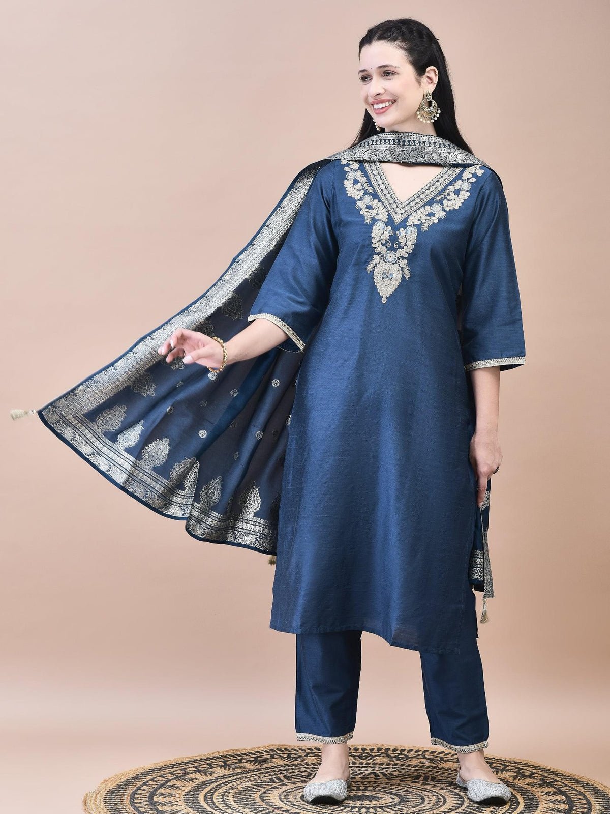 Women Silk Blend Navy Blue Embroidered Kurta Trouser with Dola Jacquard Dupatta
