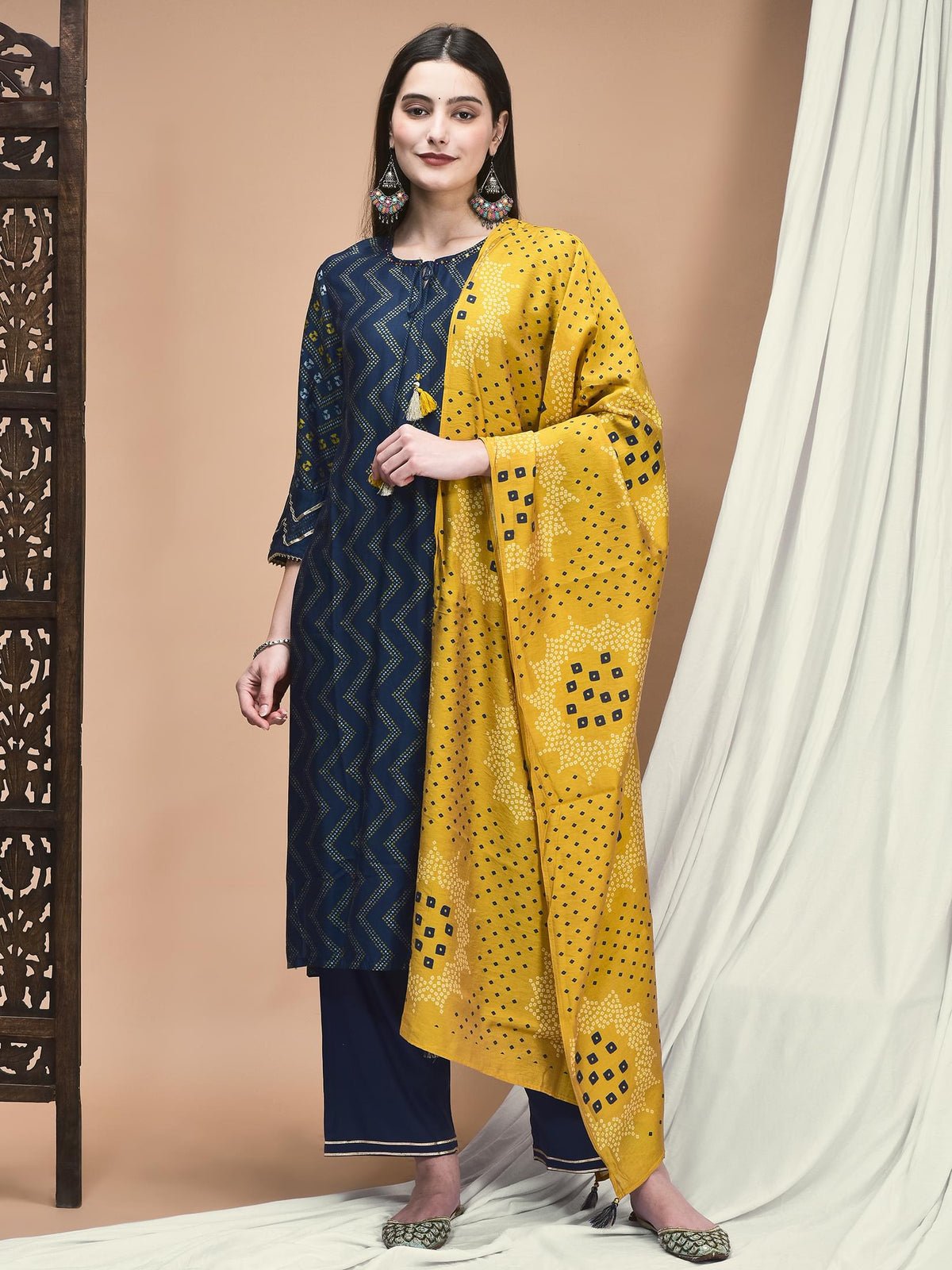 Women Liva Navy Blue Geometric Print Kurta Comfort Pant Dupatta
