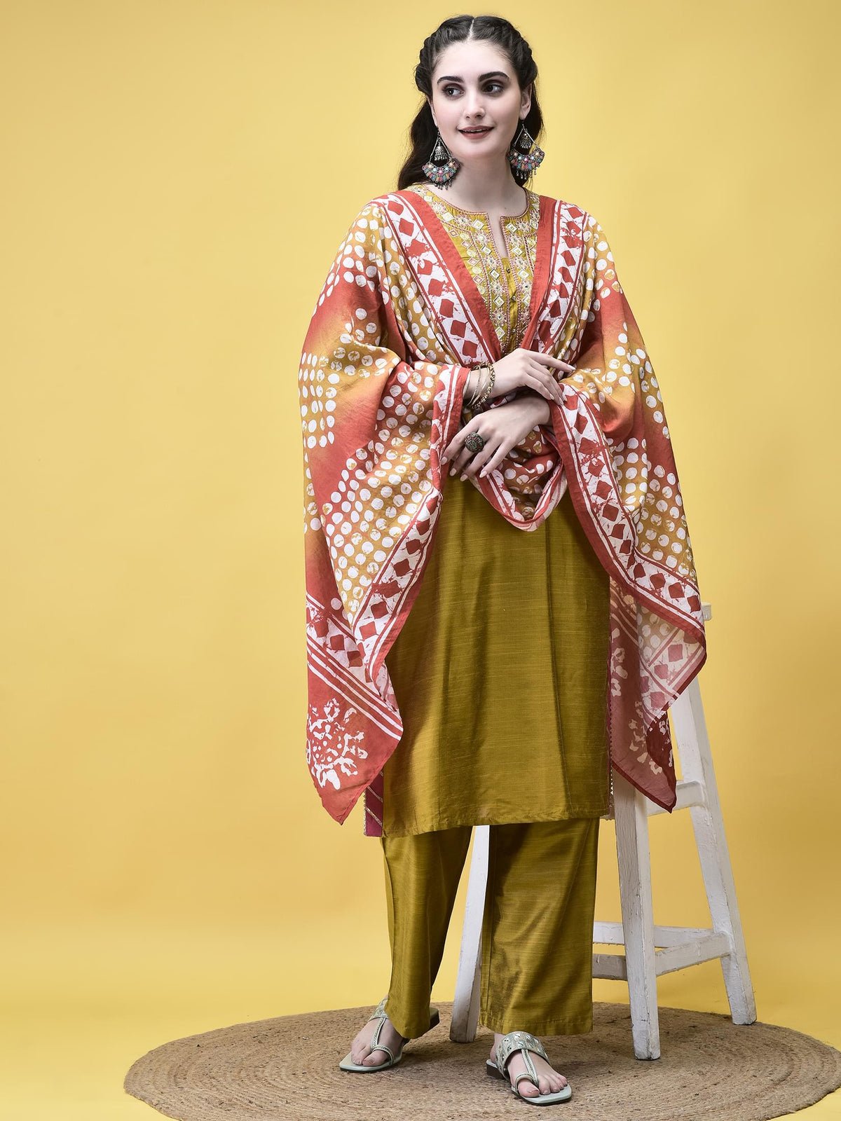Women Silk Blend Mustard Embroidered Kurta Comfort Pant Chanderi Dupatta