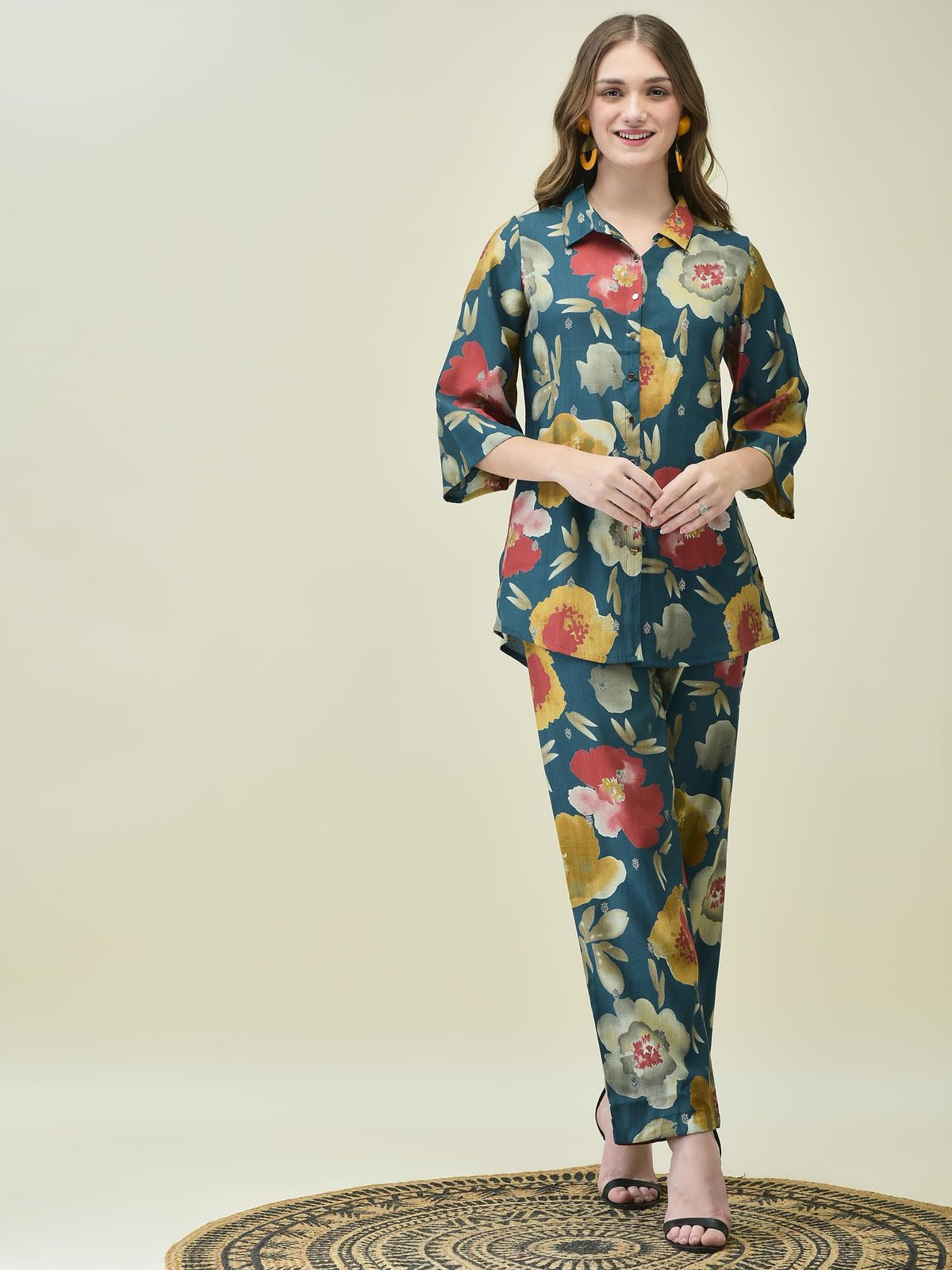 Women Liva Khadi Silk Blue Multi Floral Print Co-Ord Set