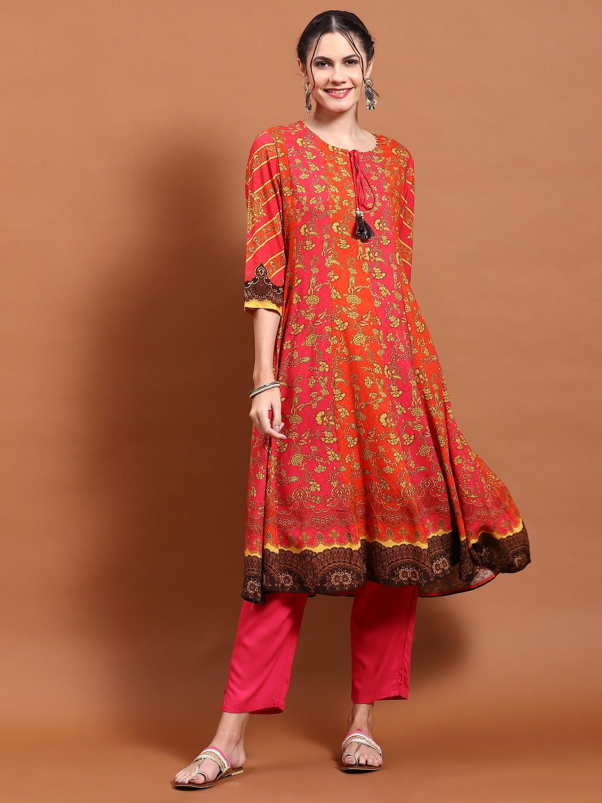 Women Orange Floral Print Kurta
