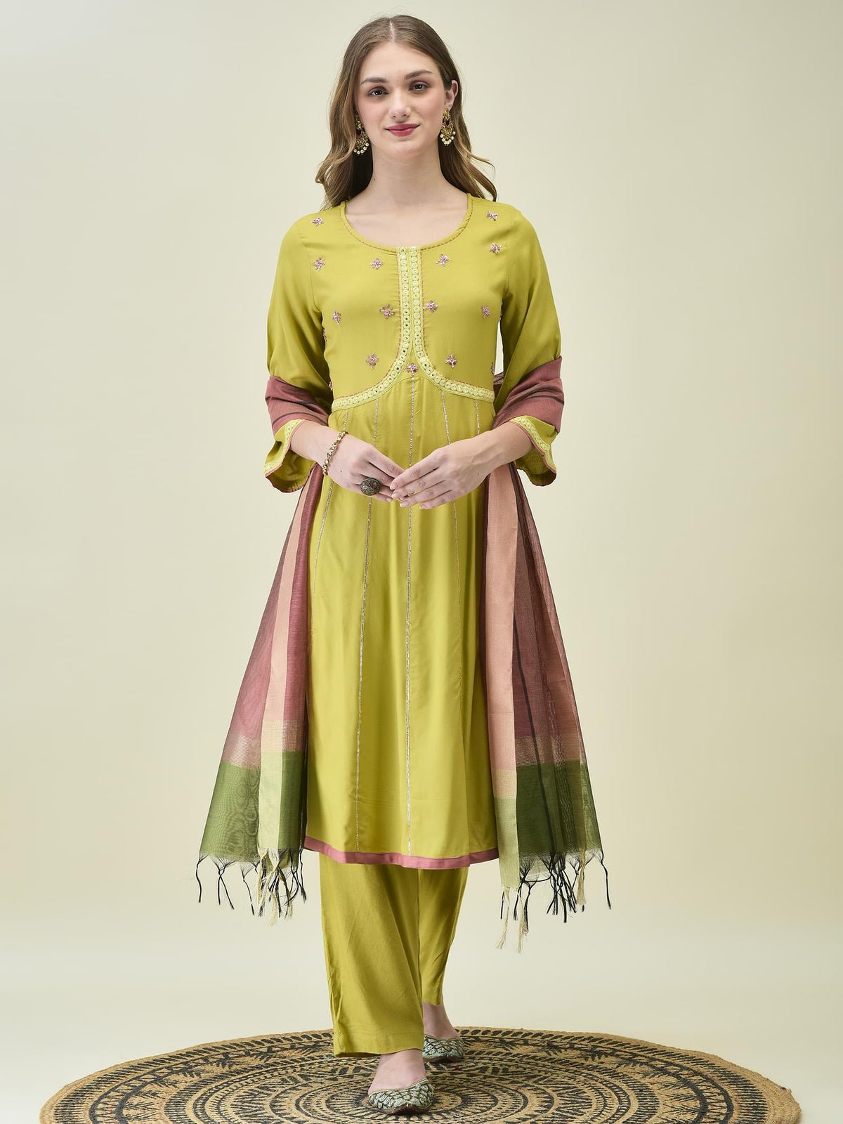 Women Lime Green Soild Kurta Comfort Pant Dupatta