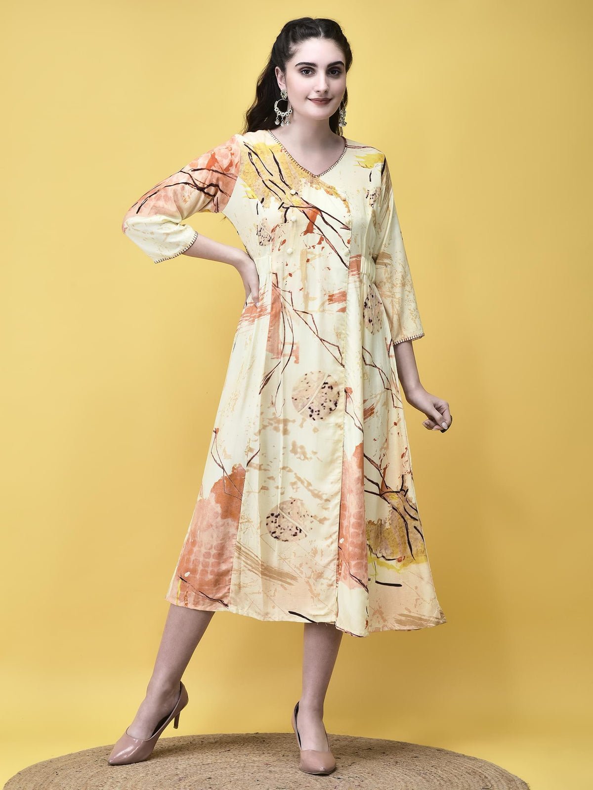 Women Liva Rayon Beige Multicolor Abstract Print Dress