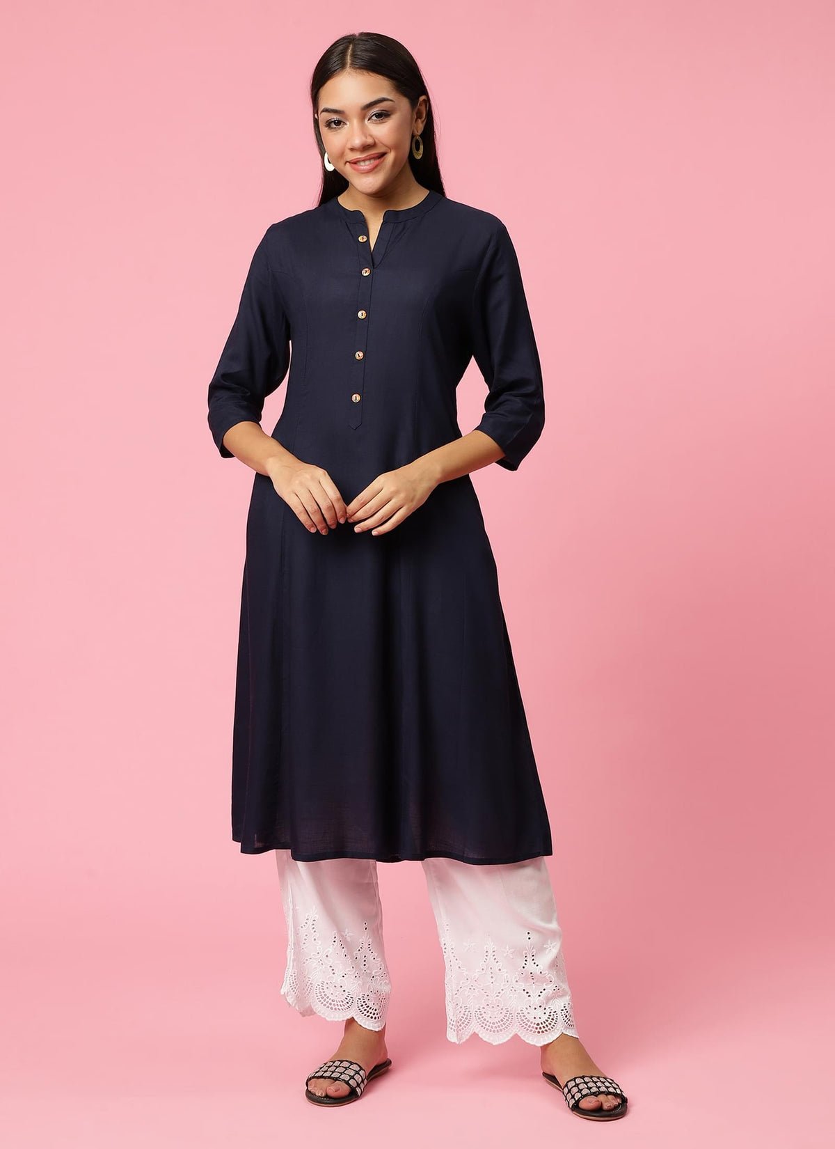 Women Navy Blue Solid Kurta