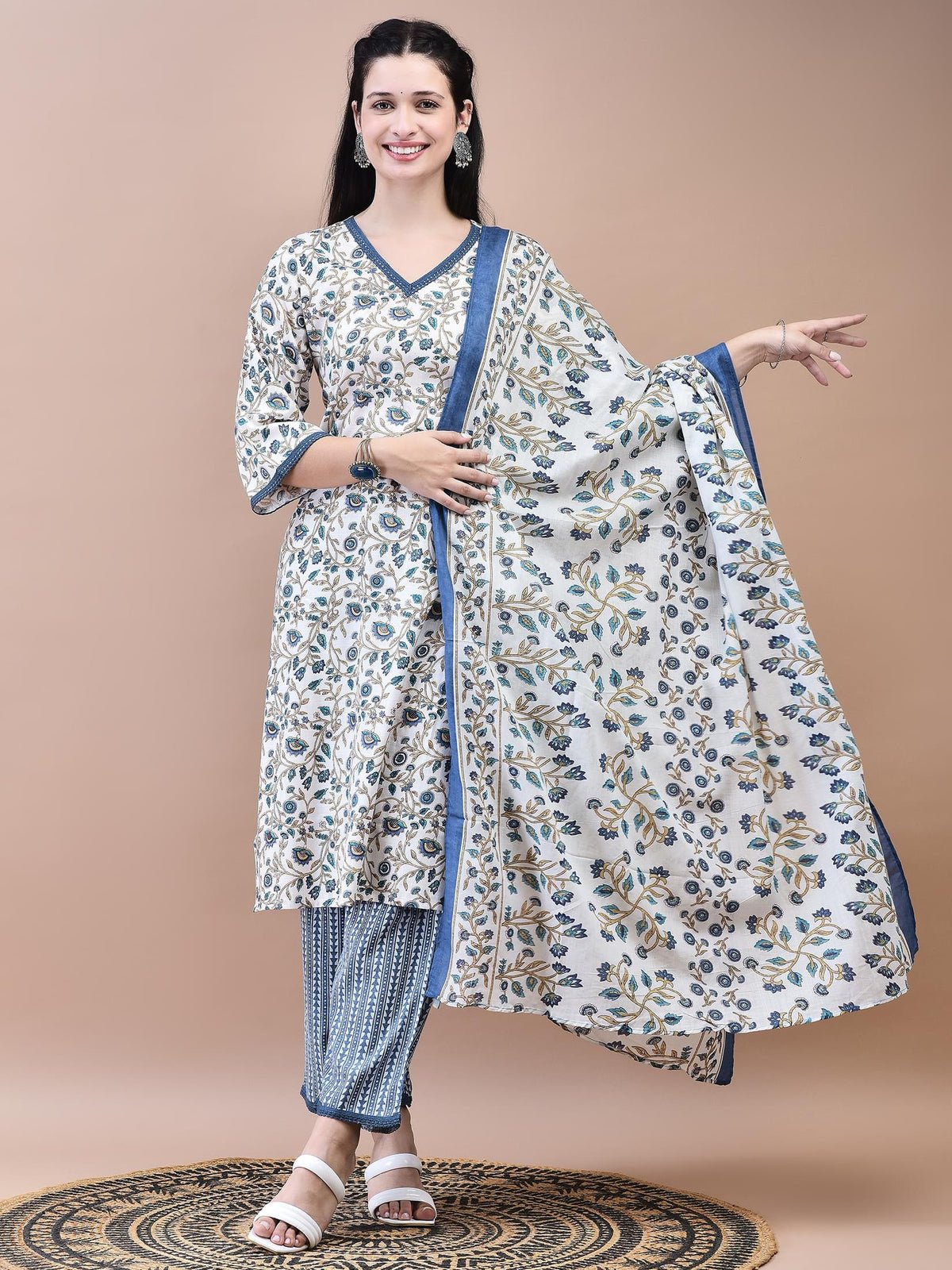Women Cotton Off-White Blue Floral Print Kurta Comfort Pant Dupatta