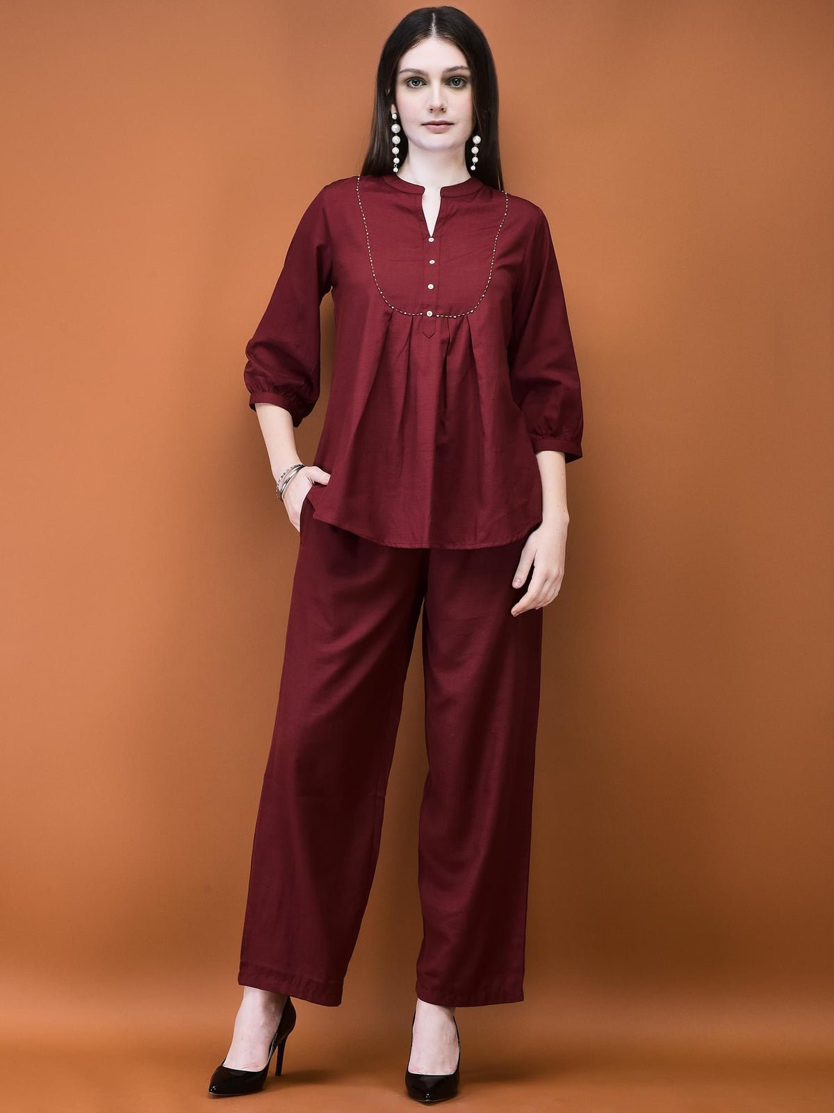 Women Poly Viscose Coral Solid Co-Ord Set