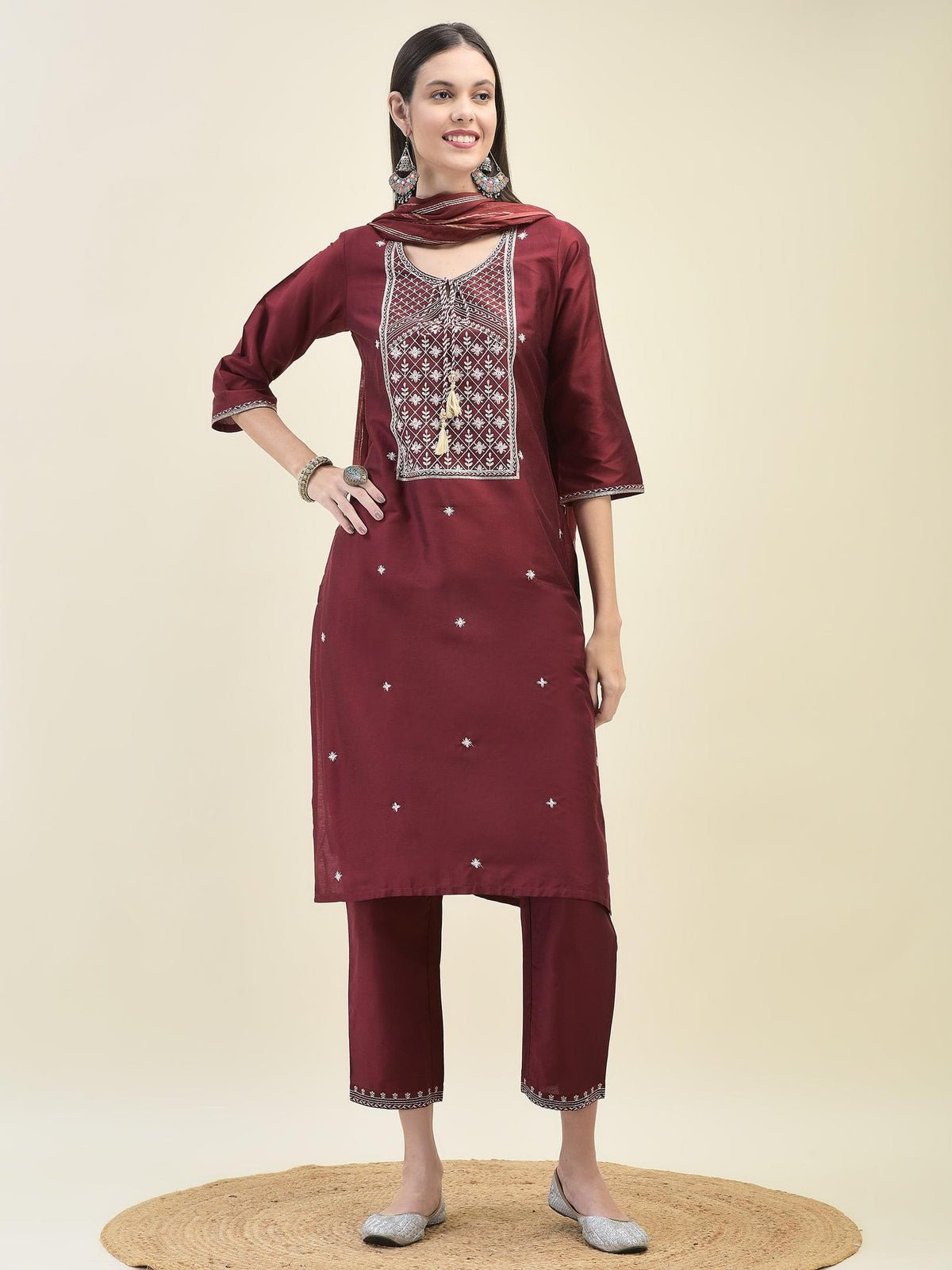 Women Silk Blend Maroon Embroidered Kurta Trouser Dupatta
