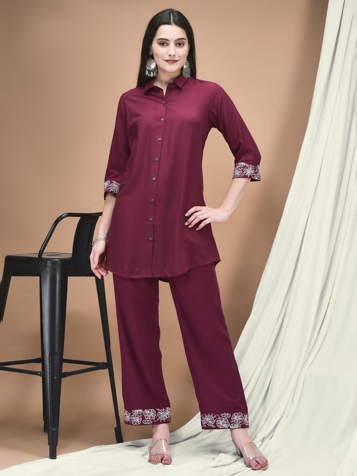 Women Poly Viscose Mauve Embroidered Co-Ord Set
