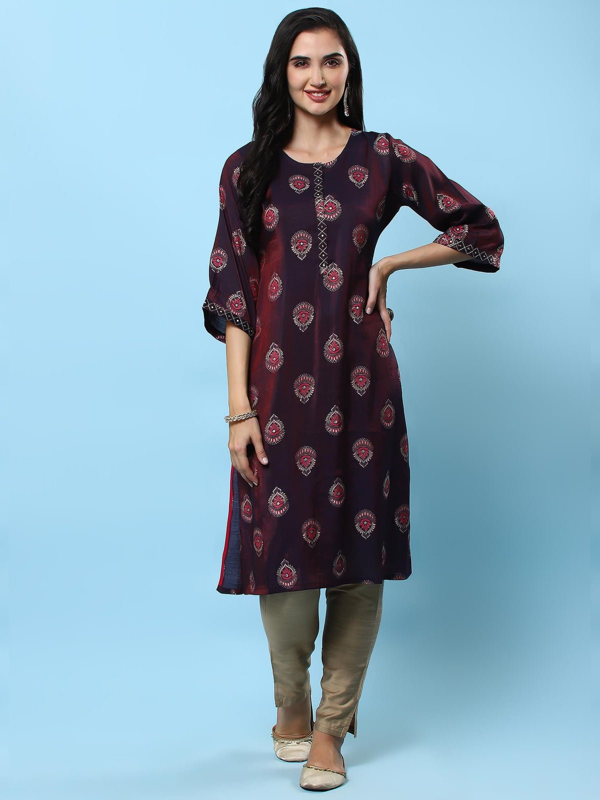 Women Purple Ornamental Printed Kurta