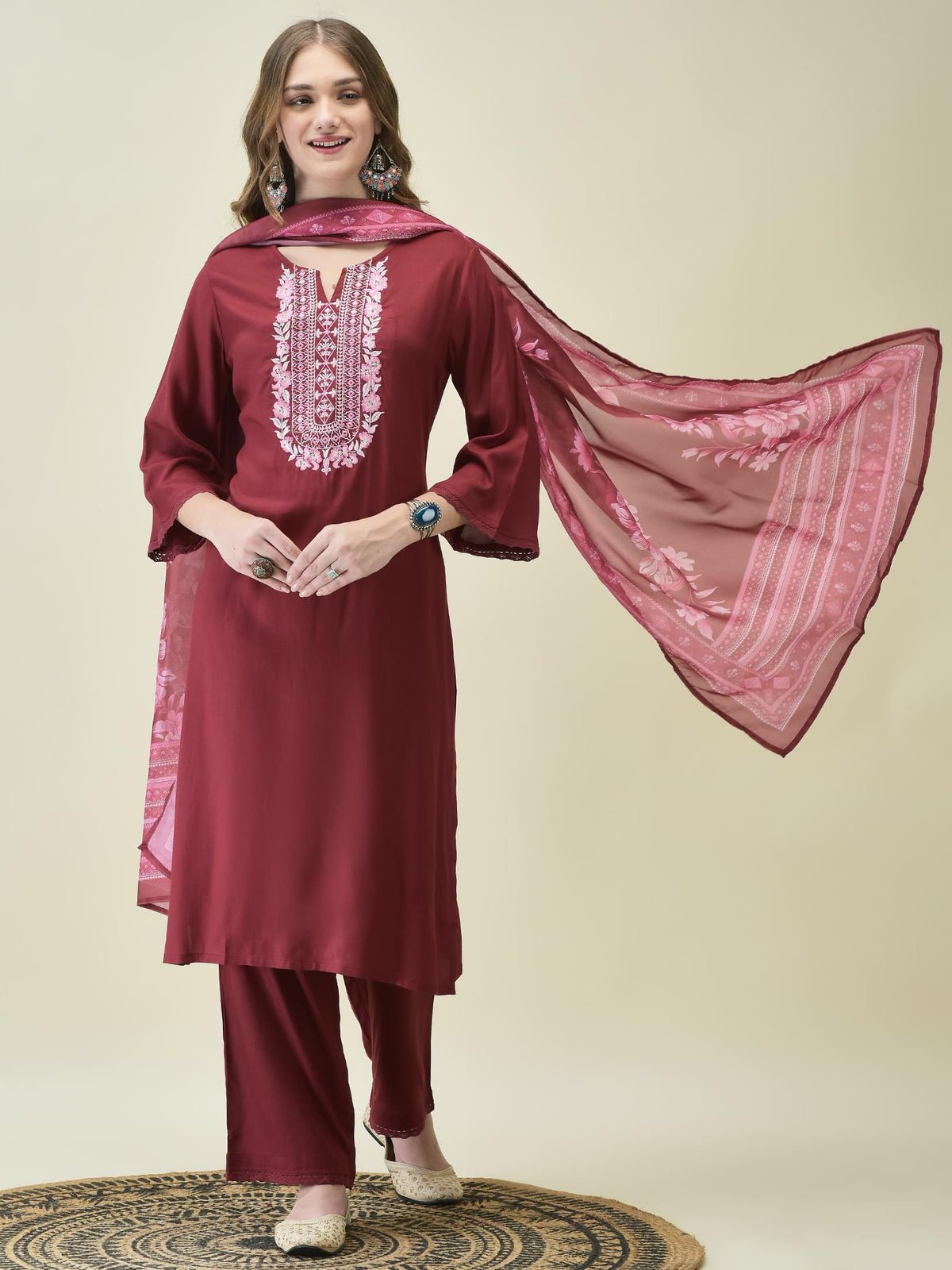Women Liva Rayon Maroon Embroidered Kurta Comfort Pant Dupatta