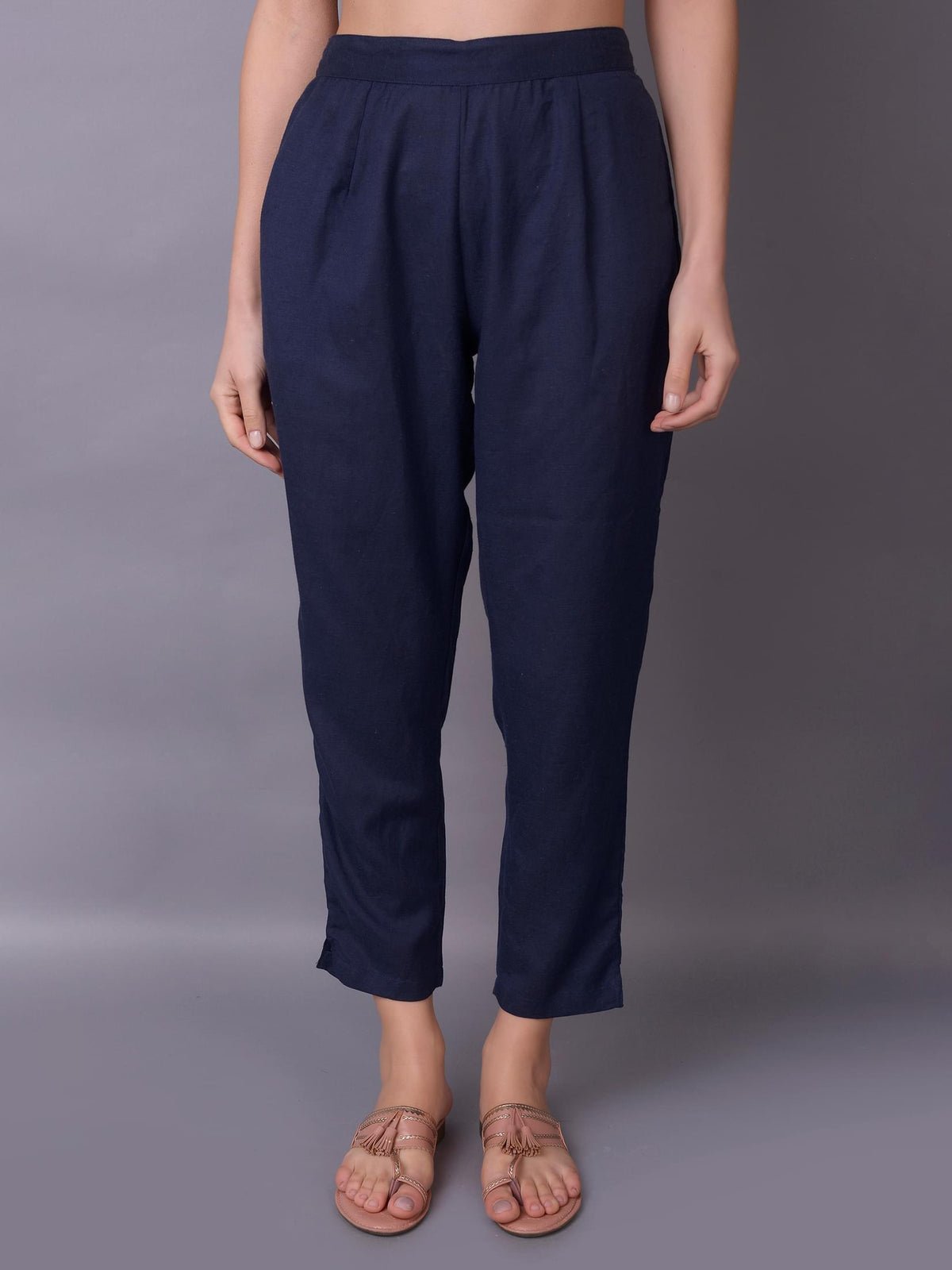 Women Navy Blue Plain Trouser