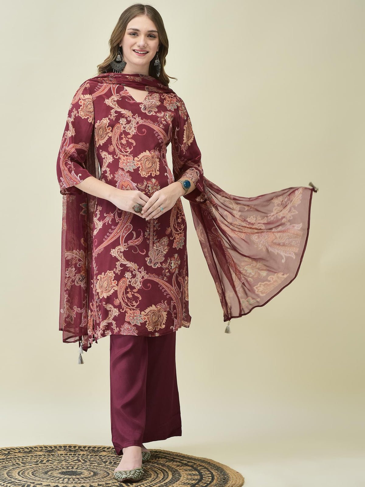 Women Crepe Burgundy Paisley Print Kurta Bell Bottom Pant Dupatta