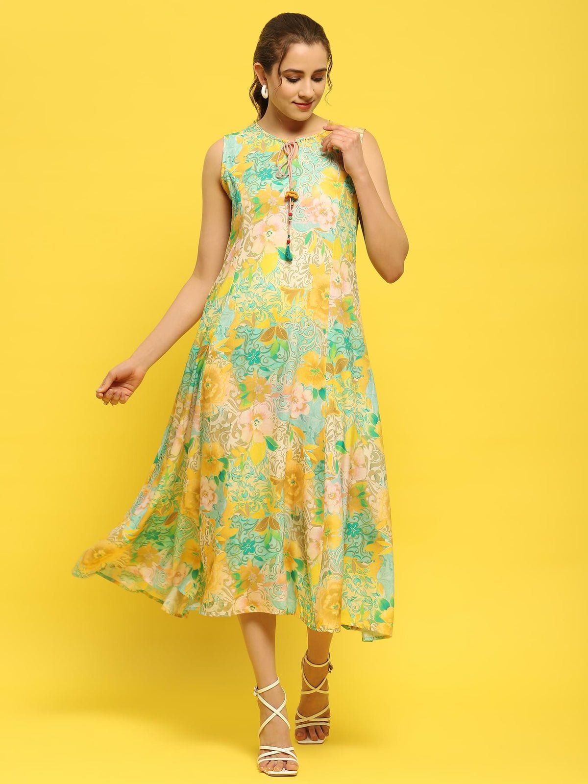 Women Green Multi Liva Rayon Dress