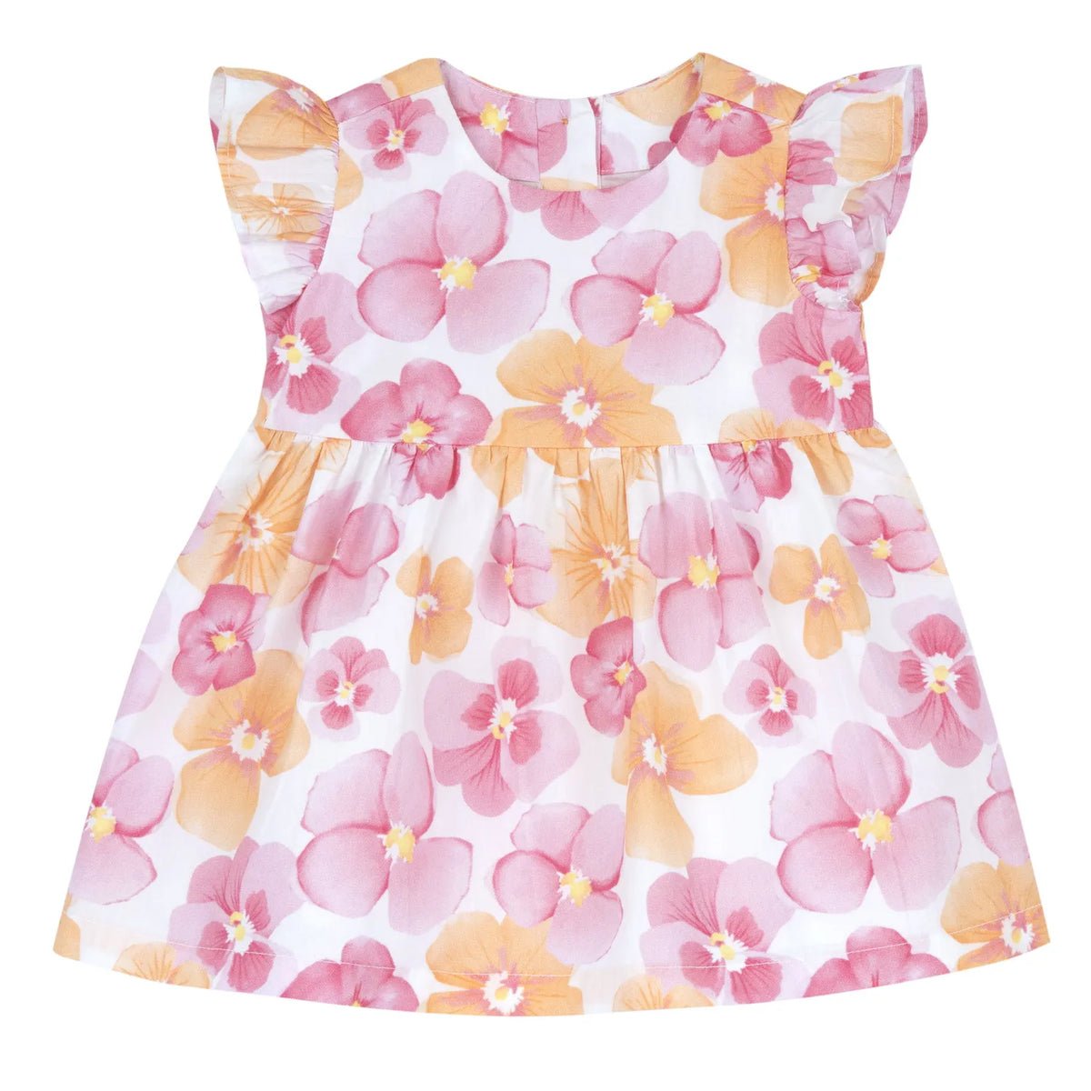 Girls White and Pink Printed Cap Sleeve Dress