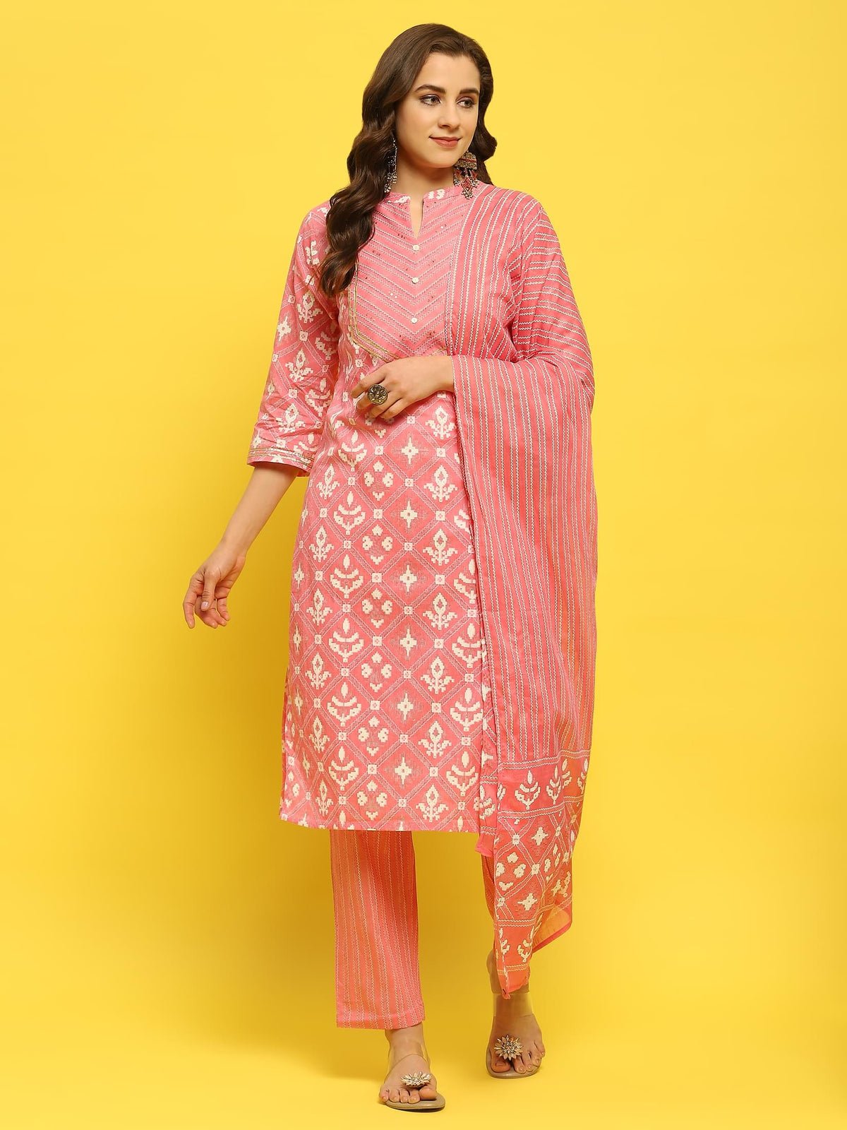 Women Cotton Pink Geometric Print Kurta Trouser Dupatta