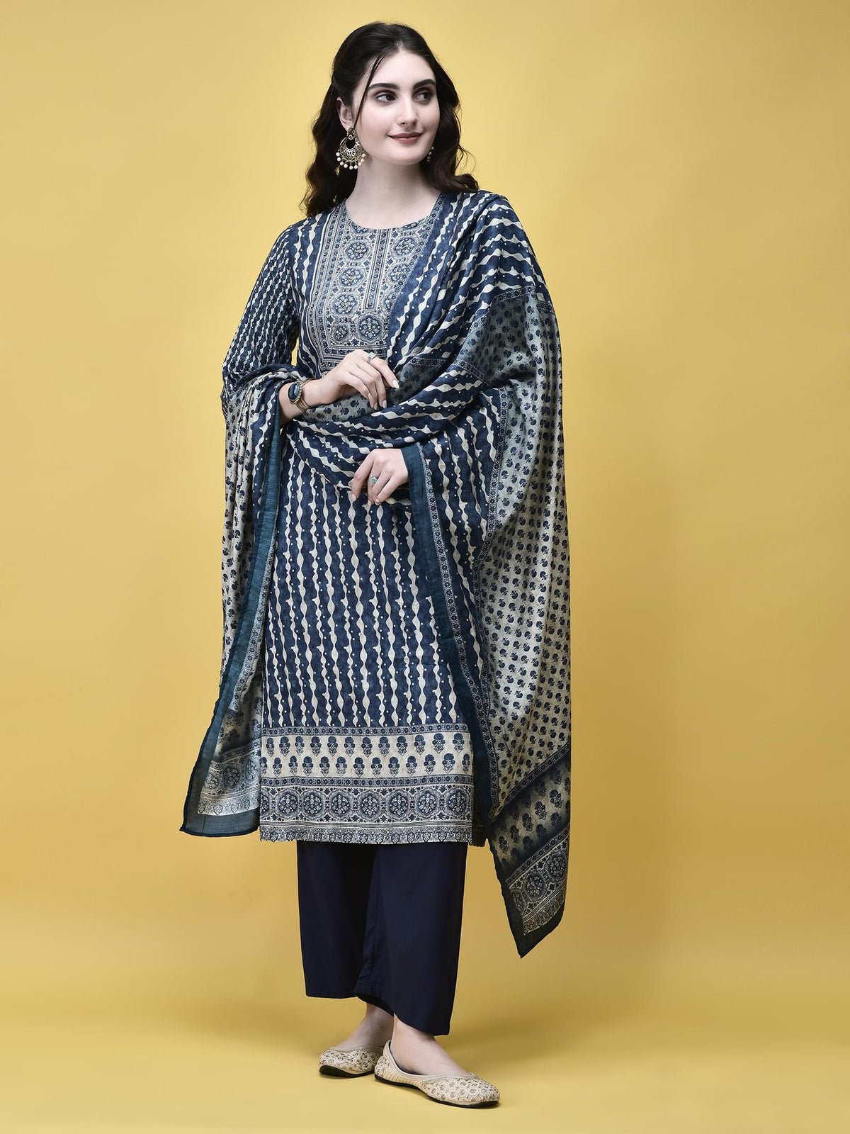 Women Liva (Rayon) Blue Placement Print Kurta Comfort Pant Dupatta