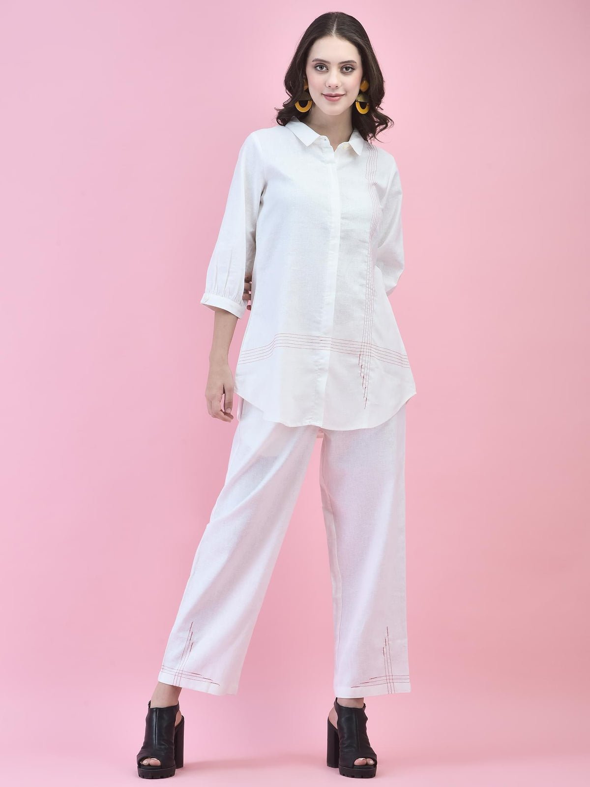 Women Cotton Off White Solid Co-Ord Set
