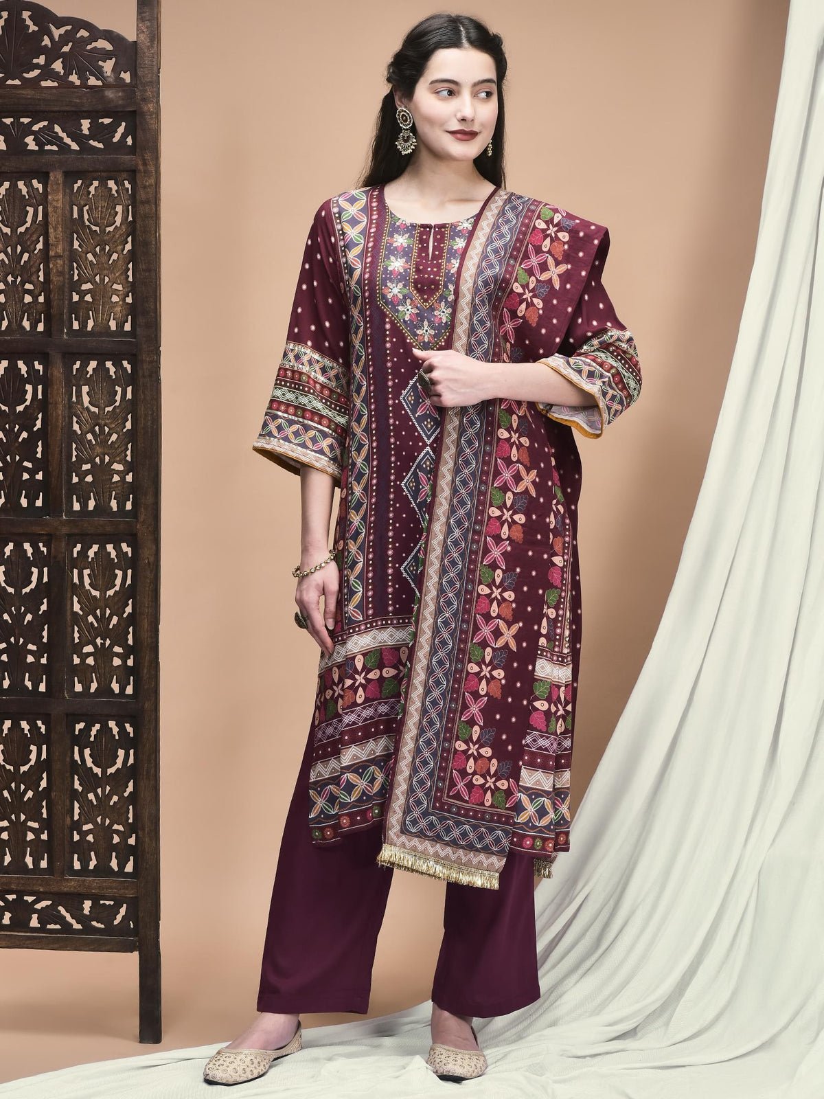 Women Liva Magenta Ornamental Print Kurta Comfort Pant Dupatta