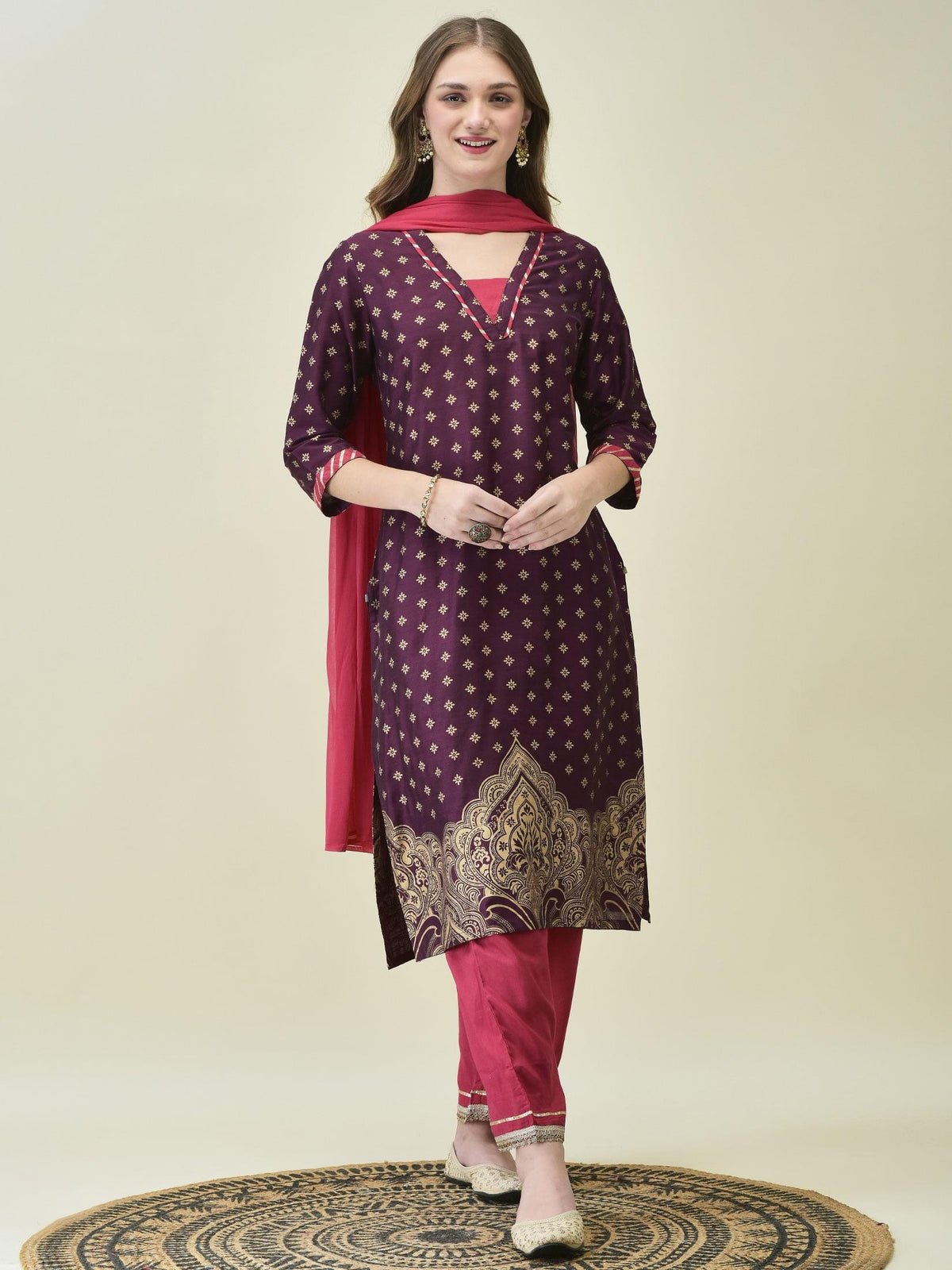 Women Silk Blend Burgundy Butti Print Kurta Comfort Pant Dupatta