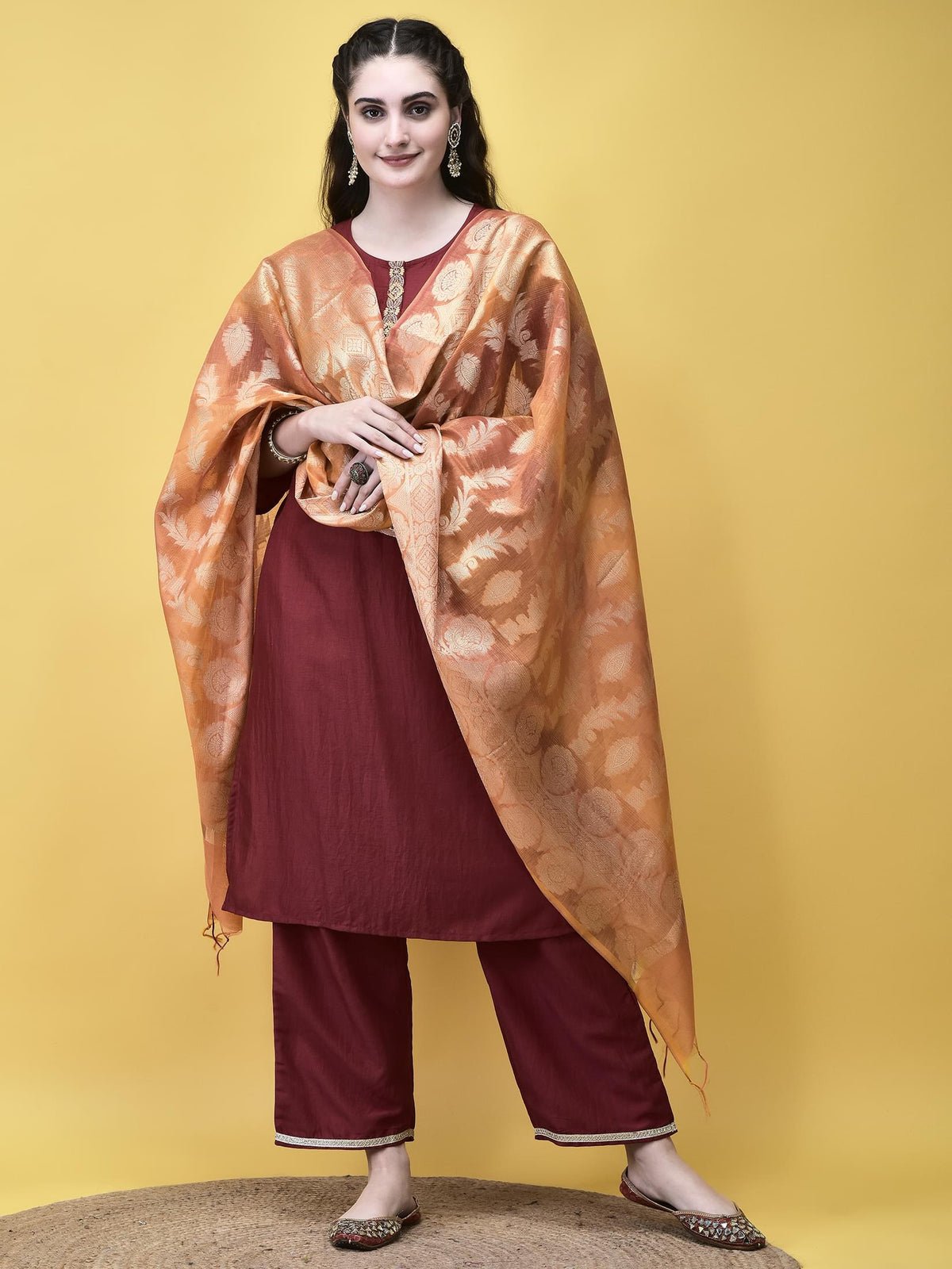 Women Silk Blend Maroon Solid Kurta Comfort Pant Chanderi Dupatta
