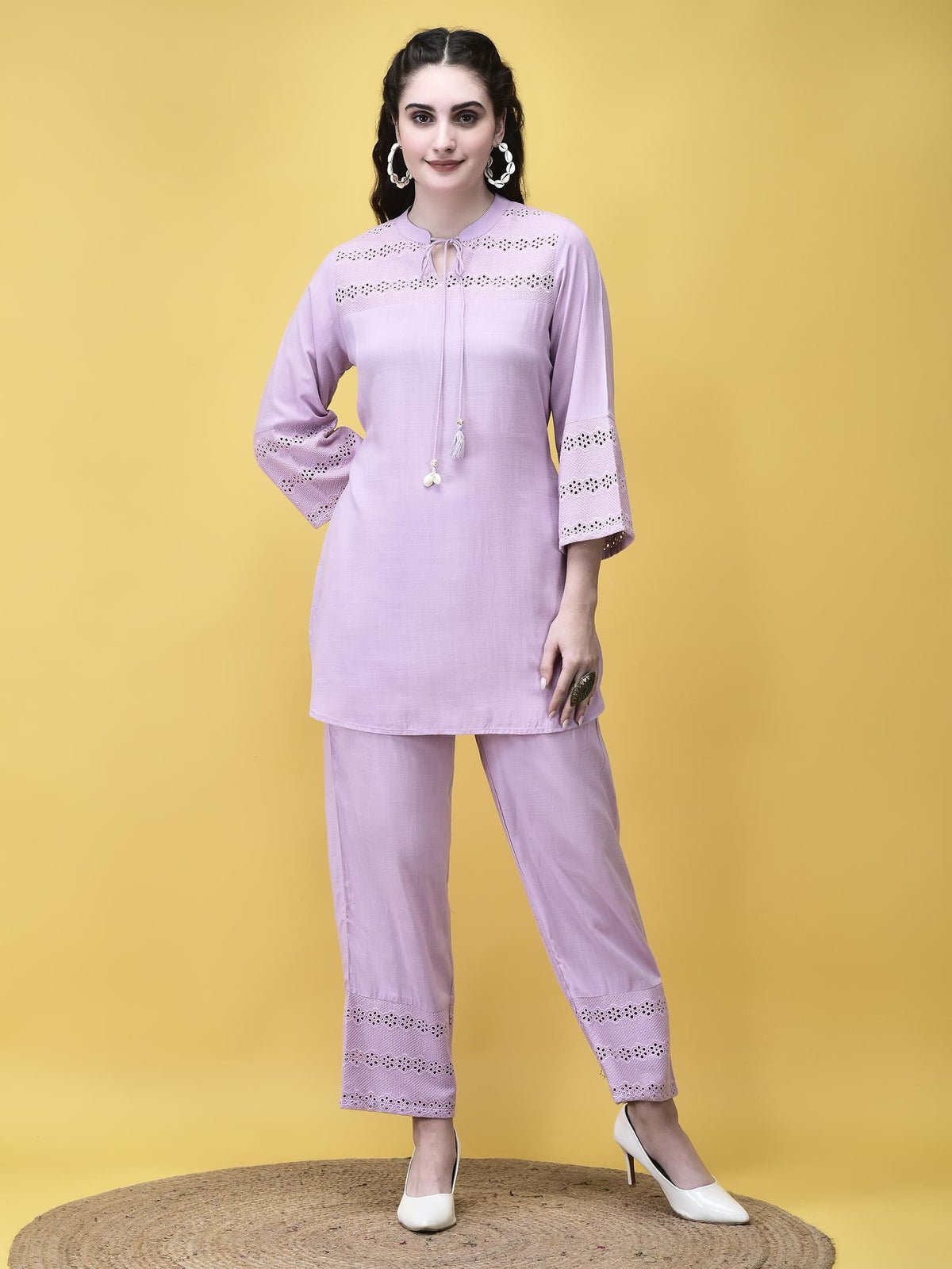 Women Liva Lilac Schiffli embroidered Solid Co-Ord Set