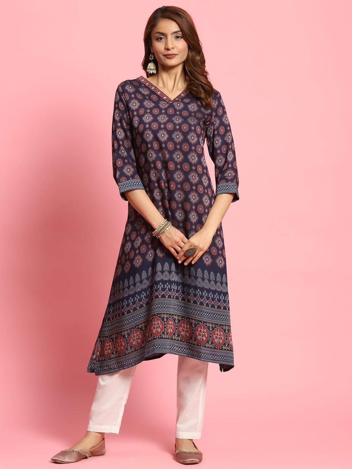 Women Navy Blue Butti Printed Kurta