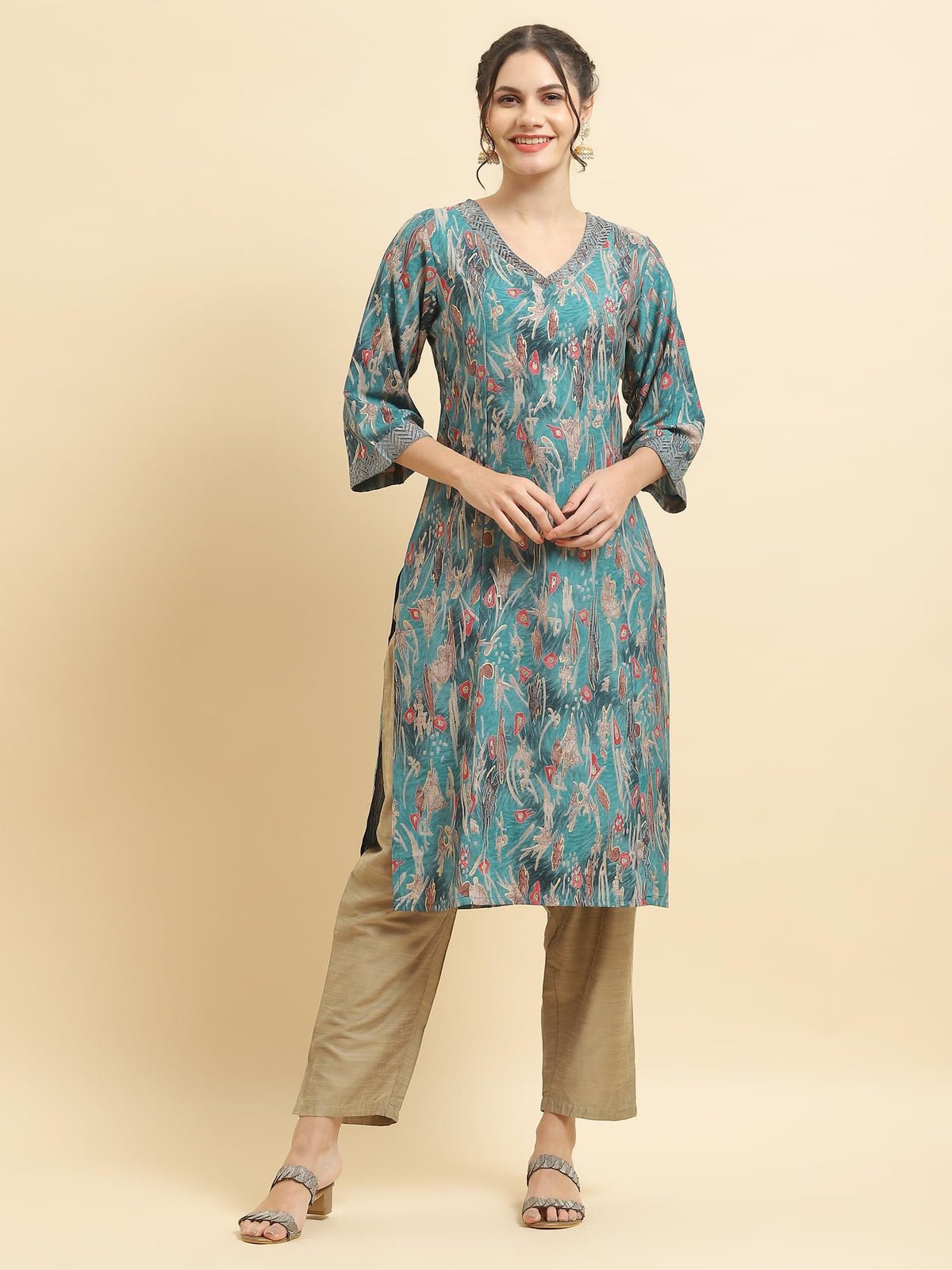 Women Viscose Teal Abstract Print Kurta