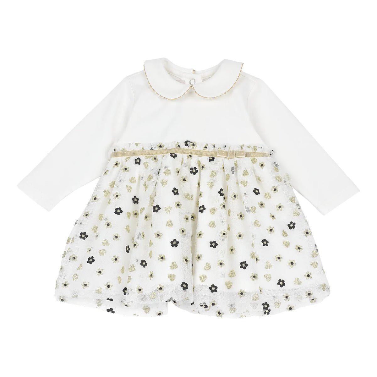 Girls White & Cream Printed Long Sleeve Dress