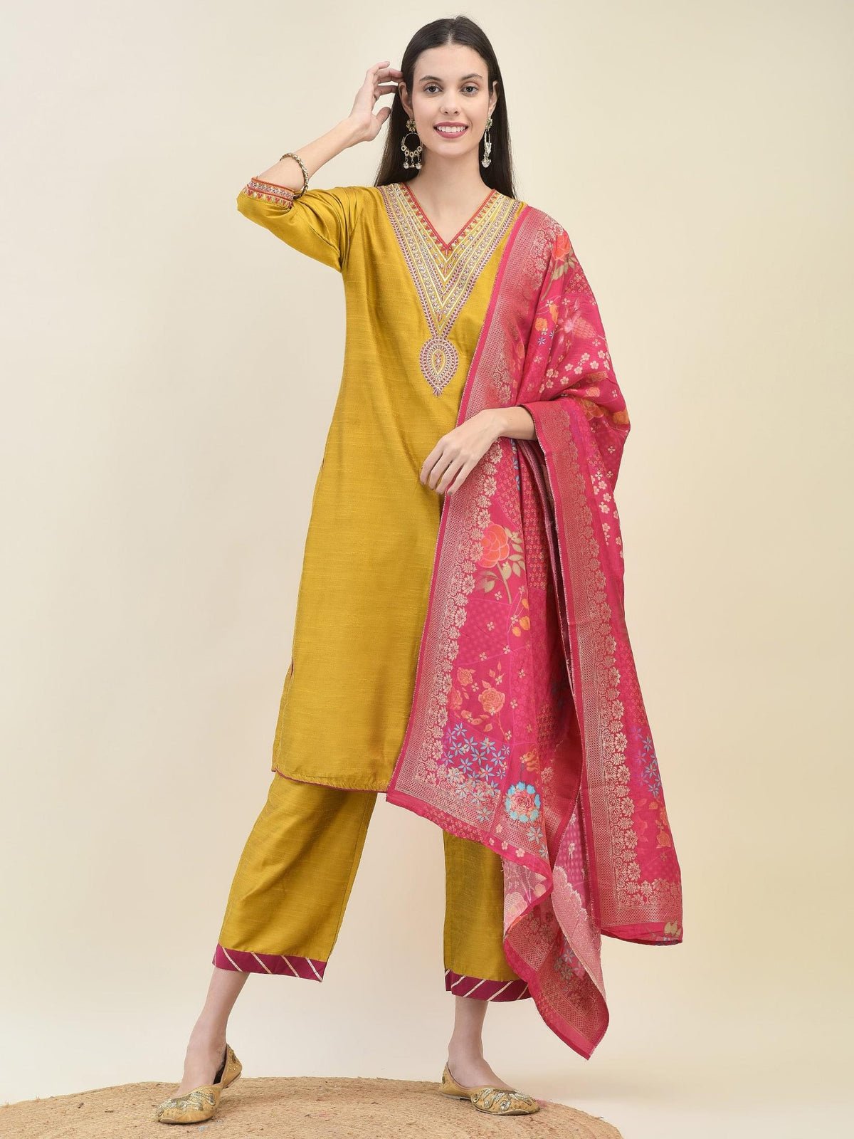 Women Silk Blend Mustard Embroidered Kurta Comfort Pant Dupatta