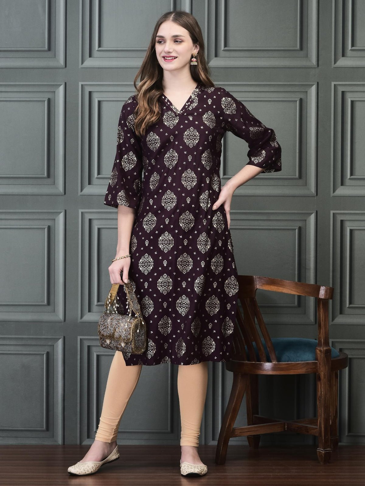 Women Liva Purple Foil Print Kurta